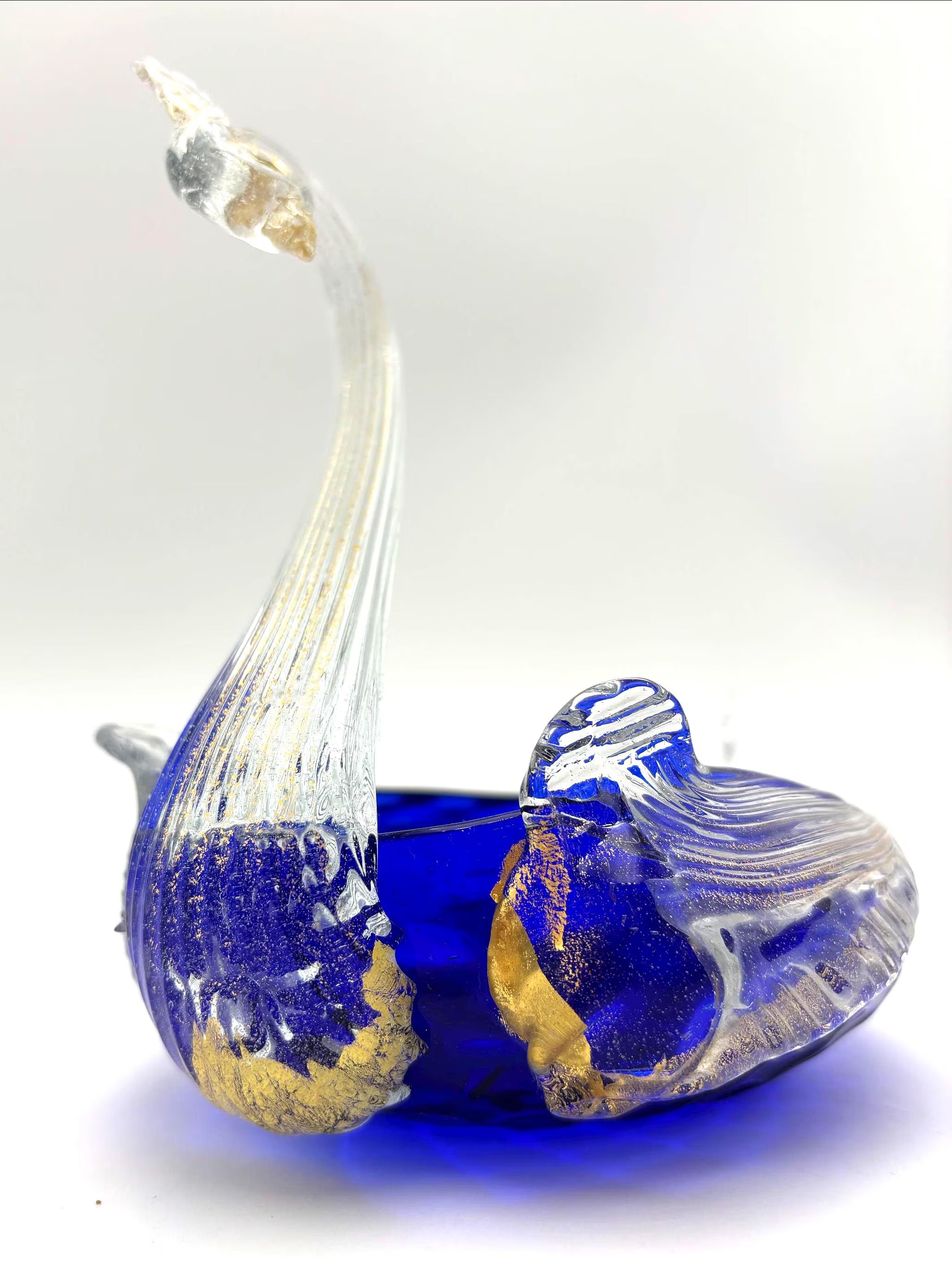 VINTAGE COBALT BLUE ART GLASS SWAN BOWL | GOLD AVENTURINE MURANO STYLE SCULPTURAL BIRD DISH