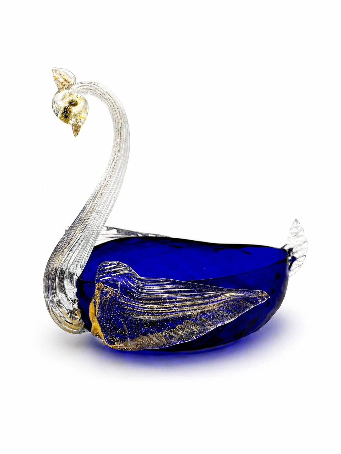 VINTAGE COBALT BLUE ART GLASS SWAN BOWL | GOLD AVENTURINE MURANO STYLE SCULPTURAL BIRD DISH