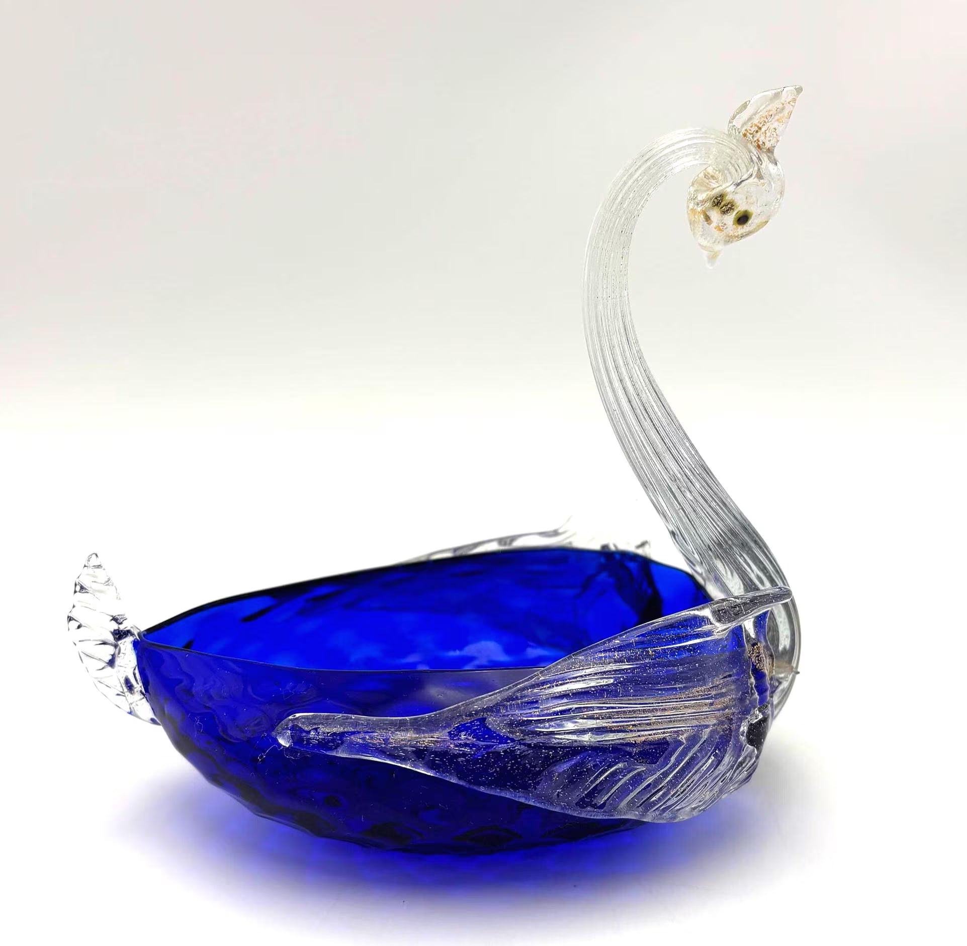 VINTAGE COBALT BLUE ART GLASS SWAN BOWL | GOLD AVENTURINE MURANO STYLE SCULPTURAL BIRD DISH