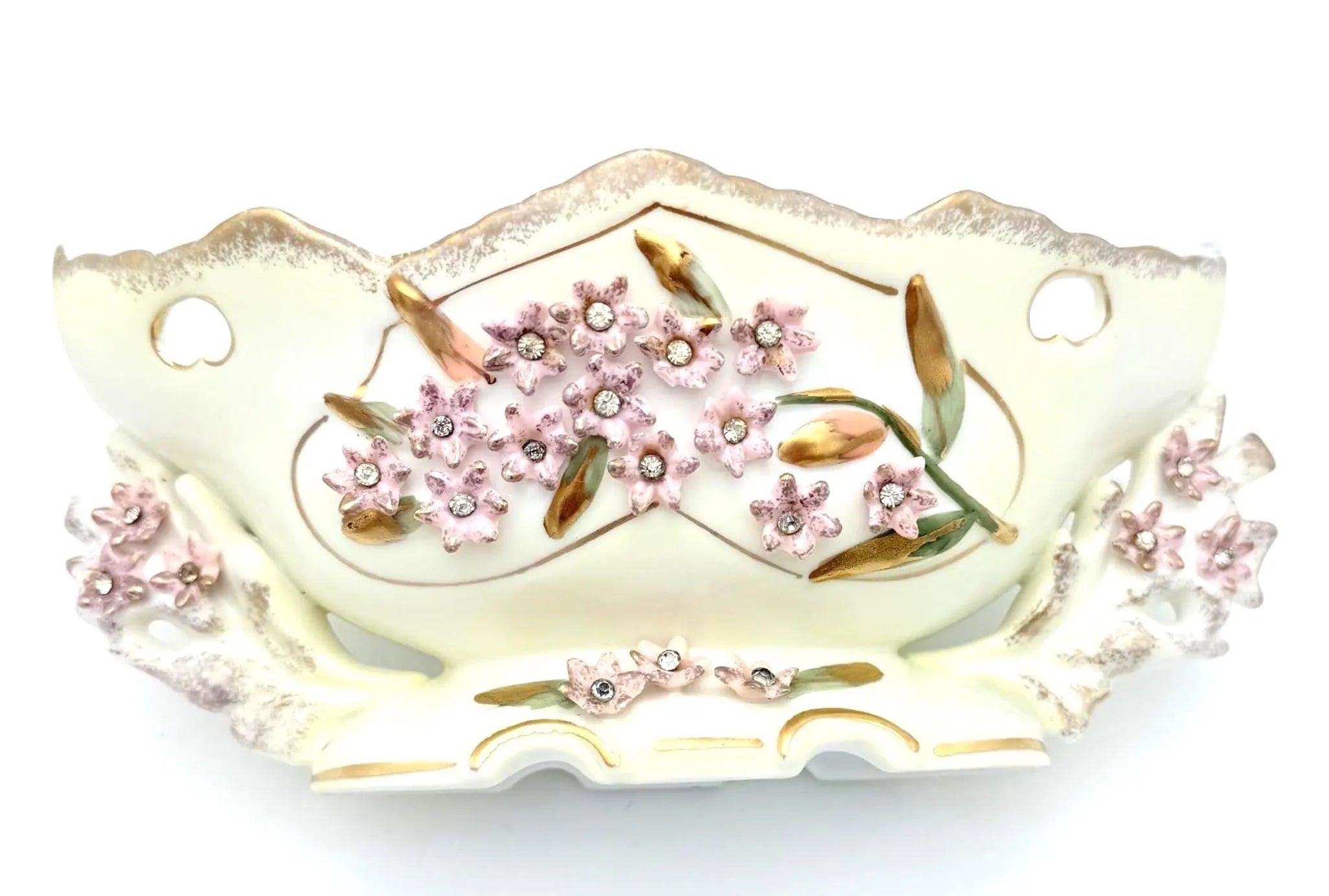 VINTAGE JEWELED PORCELAIN FLORAL CENTERPIECE BOWL WITH PINK FLOWERS