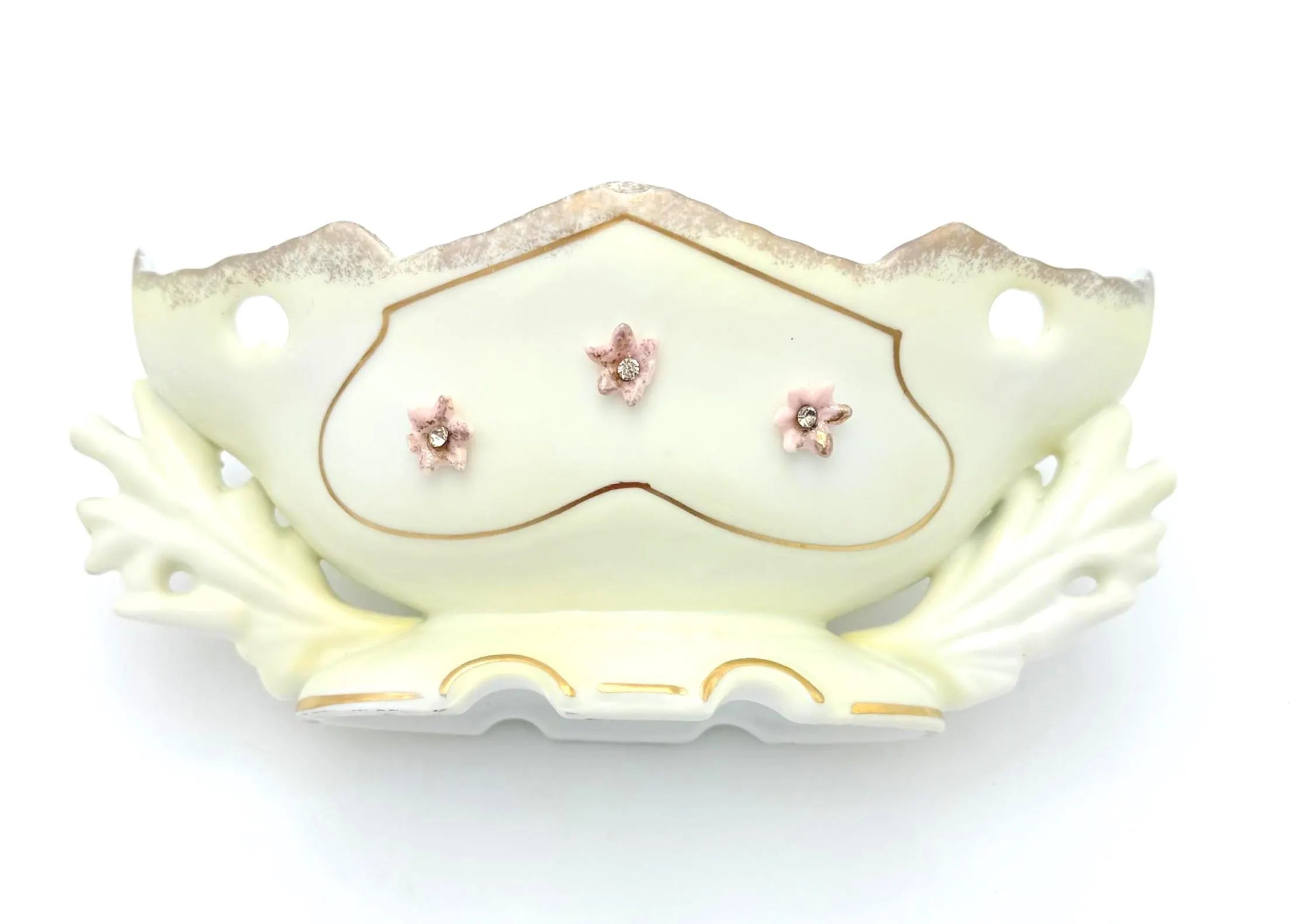 VINTAGE JEWELED PORCELAIN FLORAL CENTERPIECE BOWL WITH PINK FLOWERS