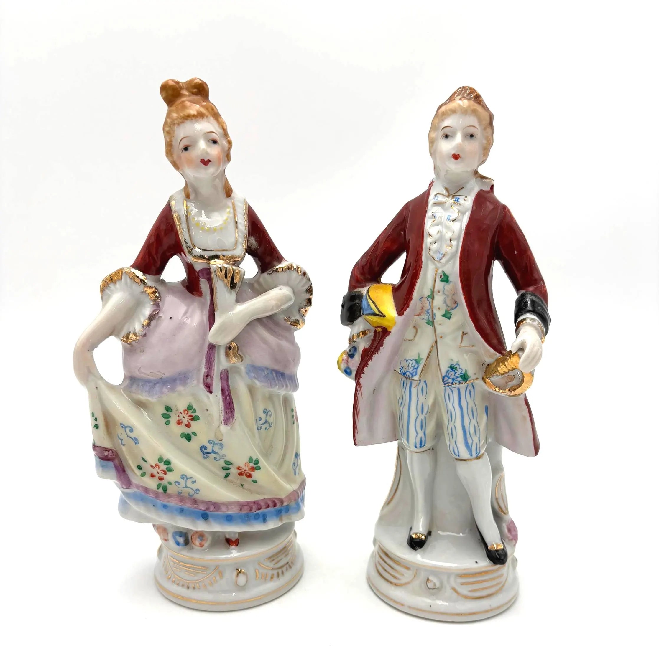 VINTAGE JAPANESE PORCELAIN FIGURINES PAIR | COLONIAL COUPLE HAND PAINTED VICTORIAN STYLE COURT FIGURES