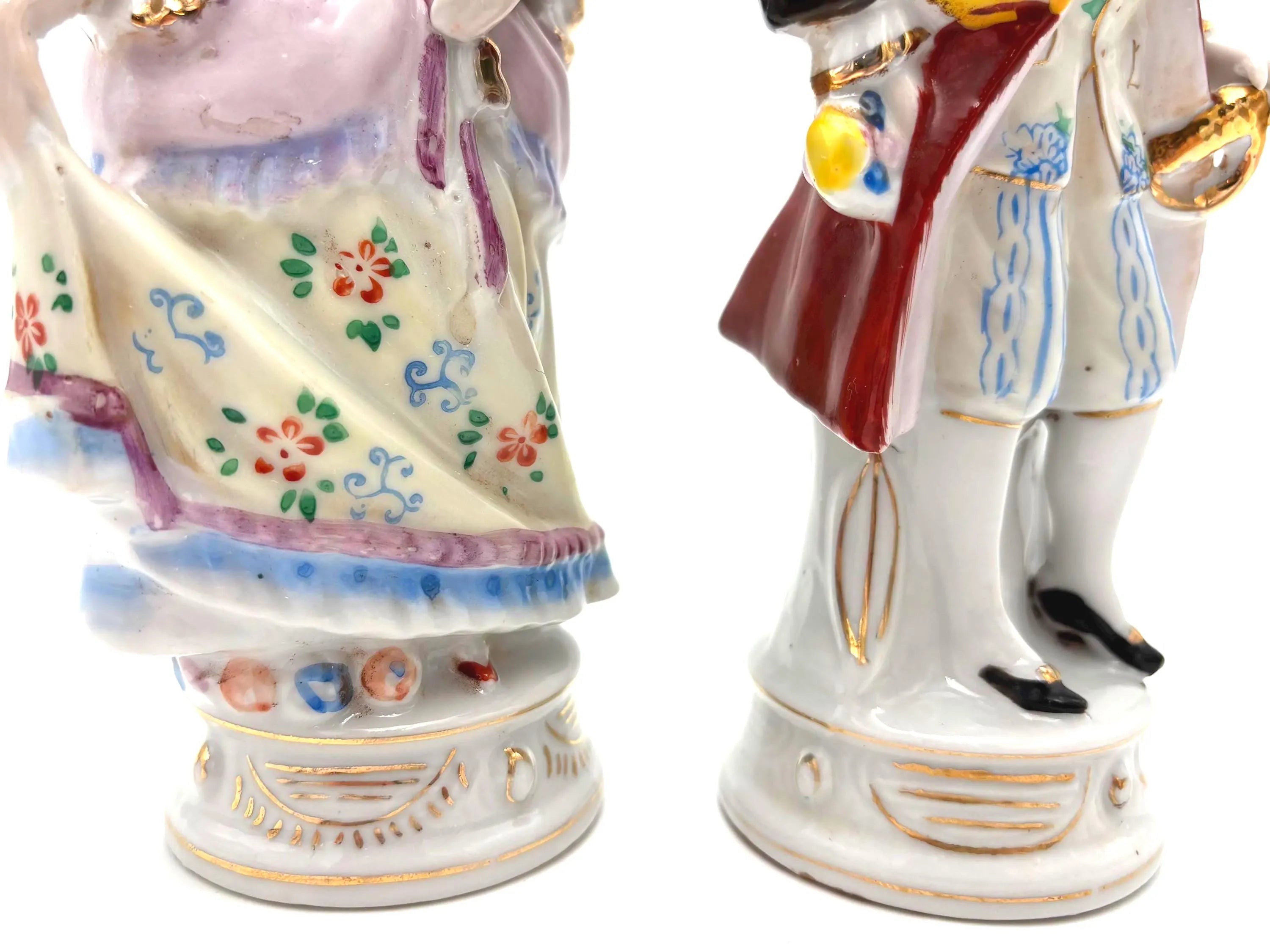 VINTAGE JAPANESE PORCELAIN FIGURINES PAIR | COLONIAL COUPLE HAND PAINTED VICTORIAN STYLE COURT FIGURES