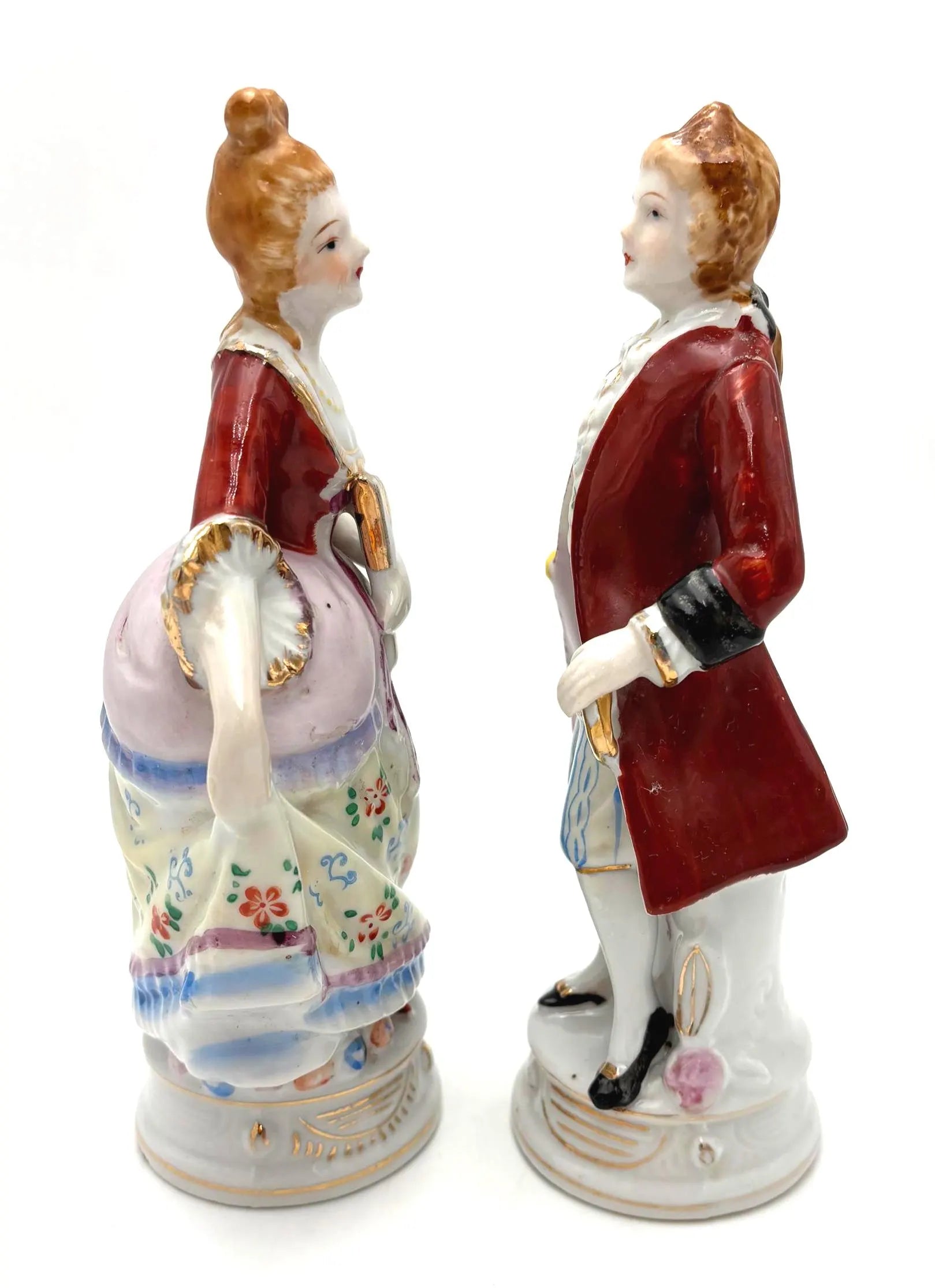 VINTAGE JAPANESE PORCELAIN FIGURINES PAIR | COLONIAL COUPLE HAND PAINTED VICTORIAN STYLE COURT FIGURES