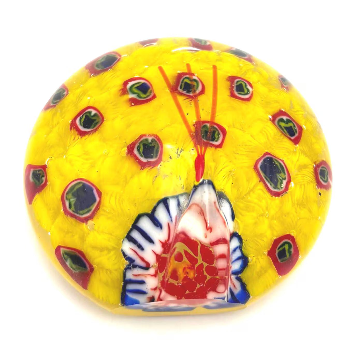VINTAGE MURANO STYLE PEACOCK PAPERWEIGHT – YELLOW MILLEFIORI VENETIAN ART GLASS SCULPTURE