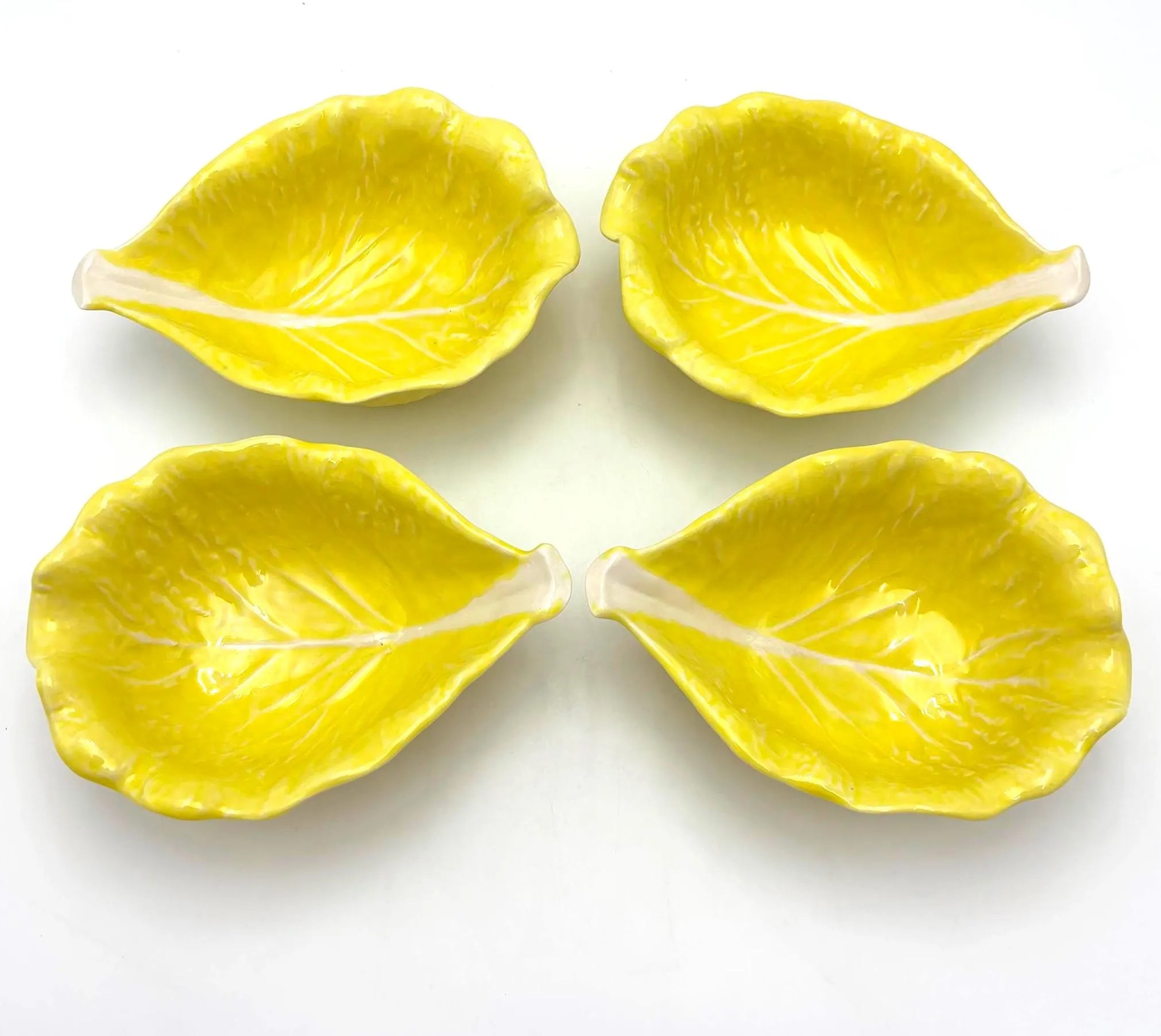 VINTAGE SECLA PORTUGAL YELLOW CABBAGE LEAF BOWLS SET OF 4 – PORTUGUESE MAJOLICA STYLE CERAMIC SERVING DISHES, 1970S–1980S