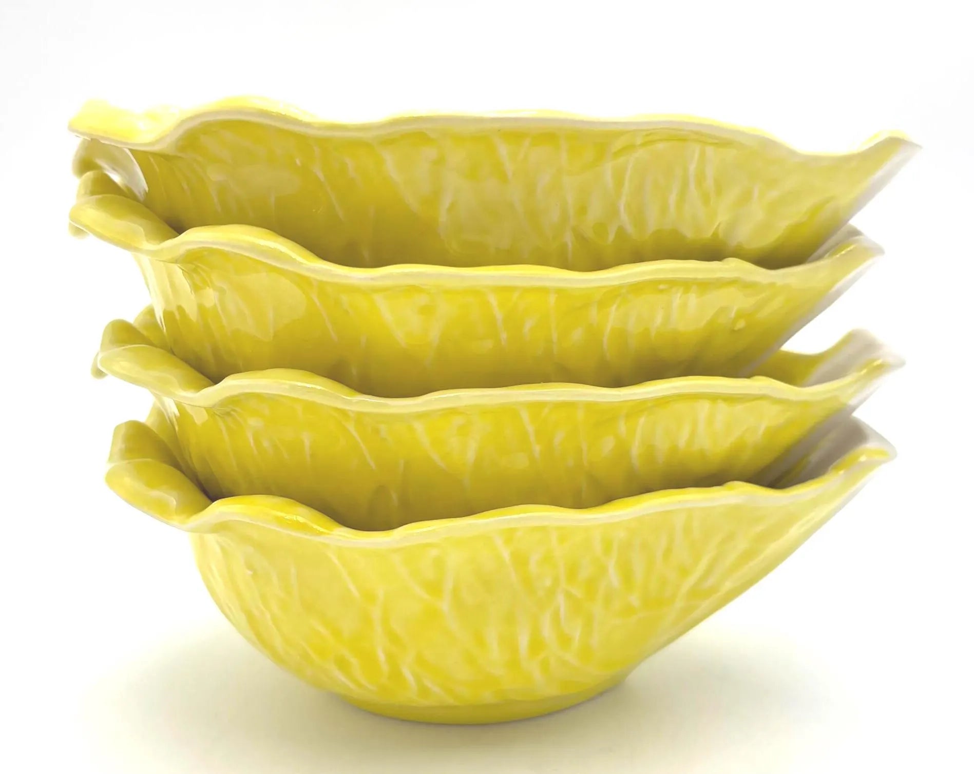 VINTAGE SECLA PORTUGAL YELLOW CABBAGE LEAF BOWLS SET OF 4 – PORTUGUESE MAJOLICA STYLE CERAMIC SERVING DISHES, 1970S–1980S