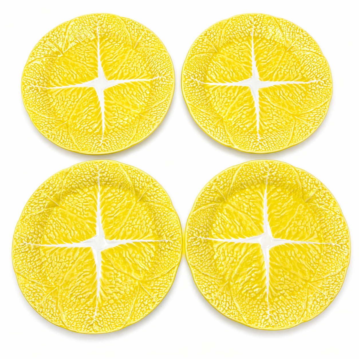 VINTAGE SECLA YELLOW CABBAGE LEAF DINNER PLATES SET OF 4 | 11 INCH PORTUGUESE MAJOLICA STYLE TABLEWARE