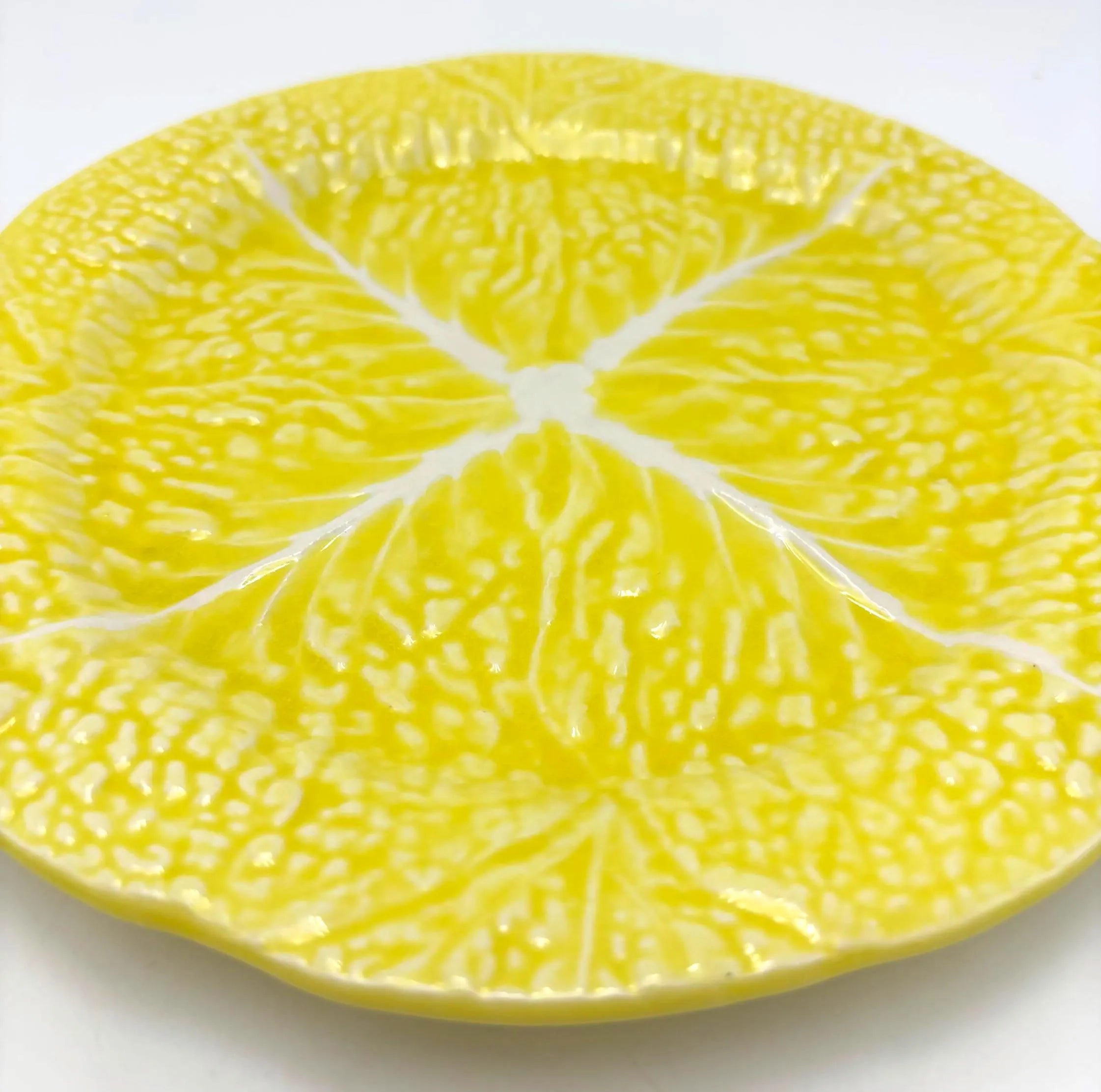 VINTAGE SECLA YELLOW CABBAGE LEAF SALAD PLATES SET OF 4 | PORTUGUESE MAJOLICA STYLE 1970S DINNERWARE