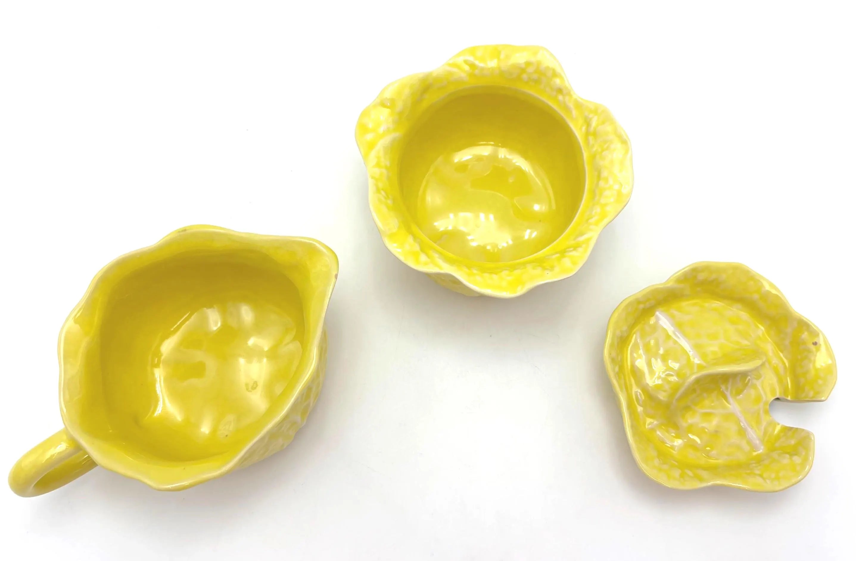 VINTAGE SECLA YELLOW CABBAGE LEAF CREAMER AND SUGAR BOWL SET | PORTUGUESE MAJOLICA TEA SET WITH LID