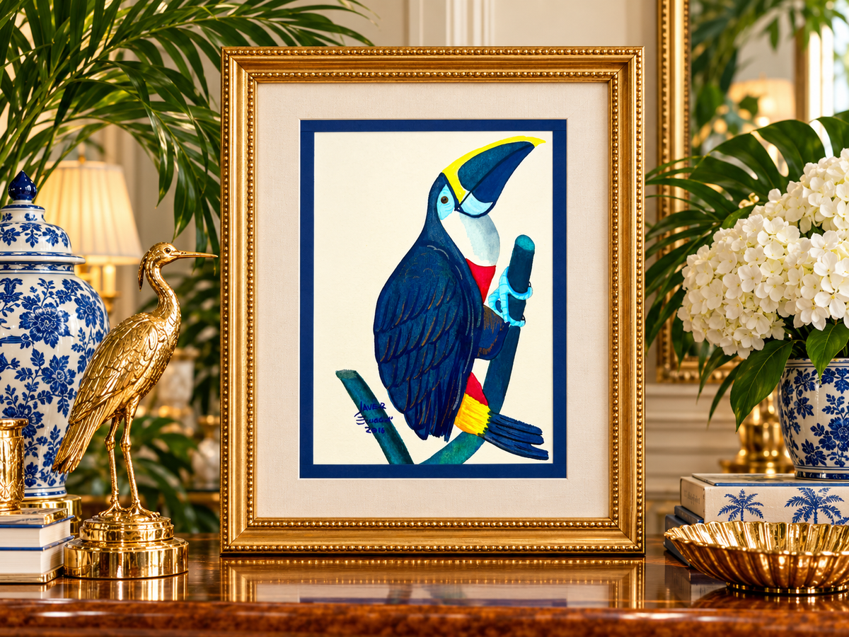 Original Toucan Bird Painting by Javier – Signed Ecuadorian Tropical Art, Palm Beach Regency Decor