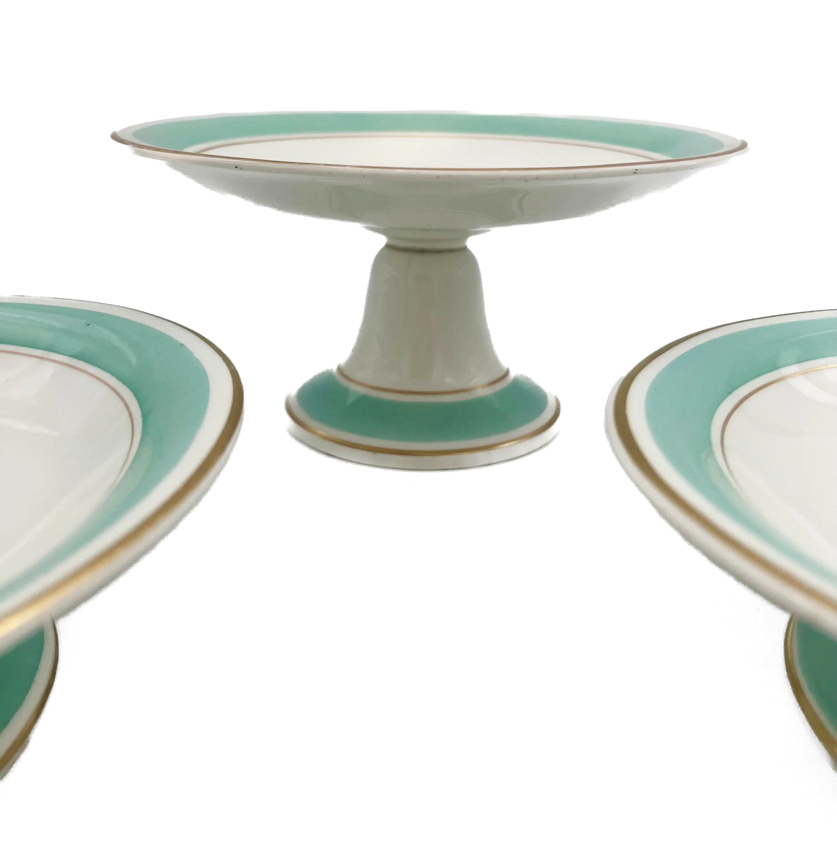 Trio of 1880s English Victorian ceramic compotes featuring hand-painted floral bouquets and pedestal bases.