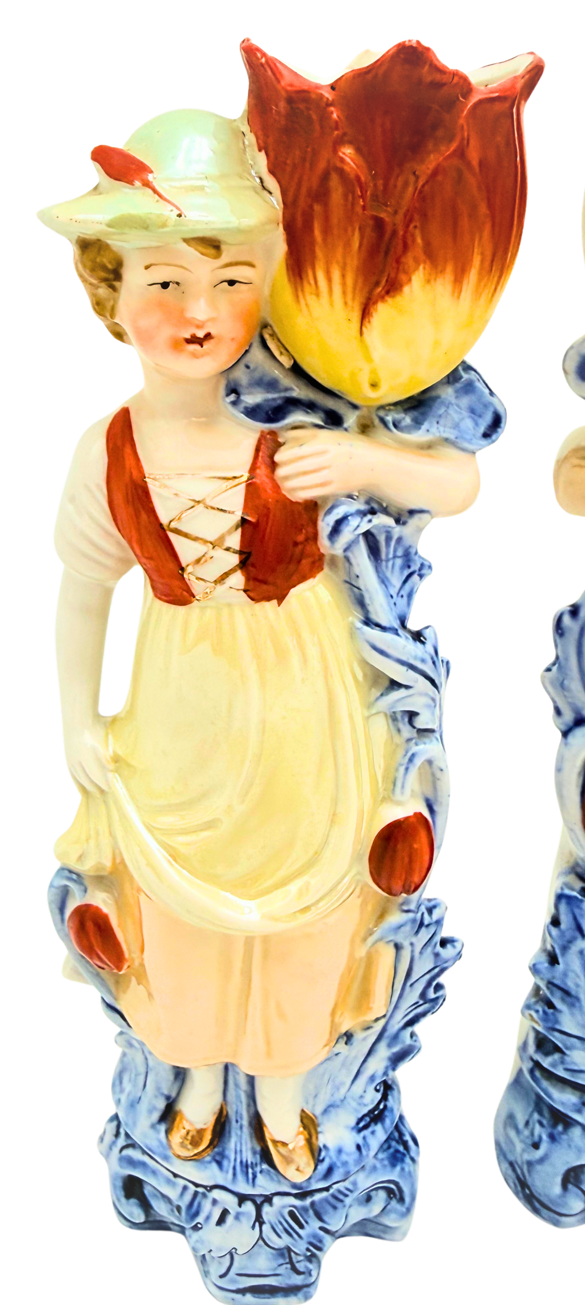 Antique German Porcelain Figural Tulip Vases Pair Boy & Girl 8078