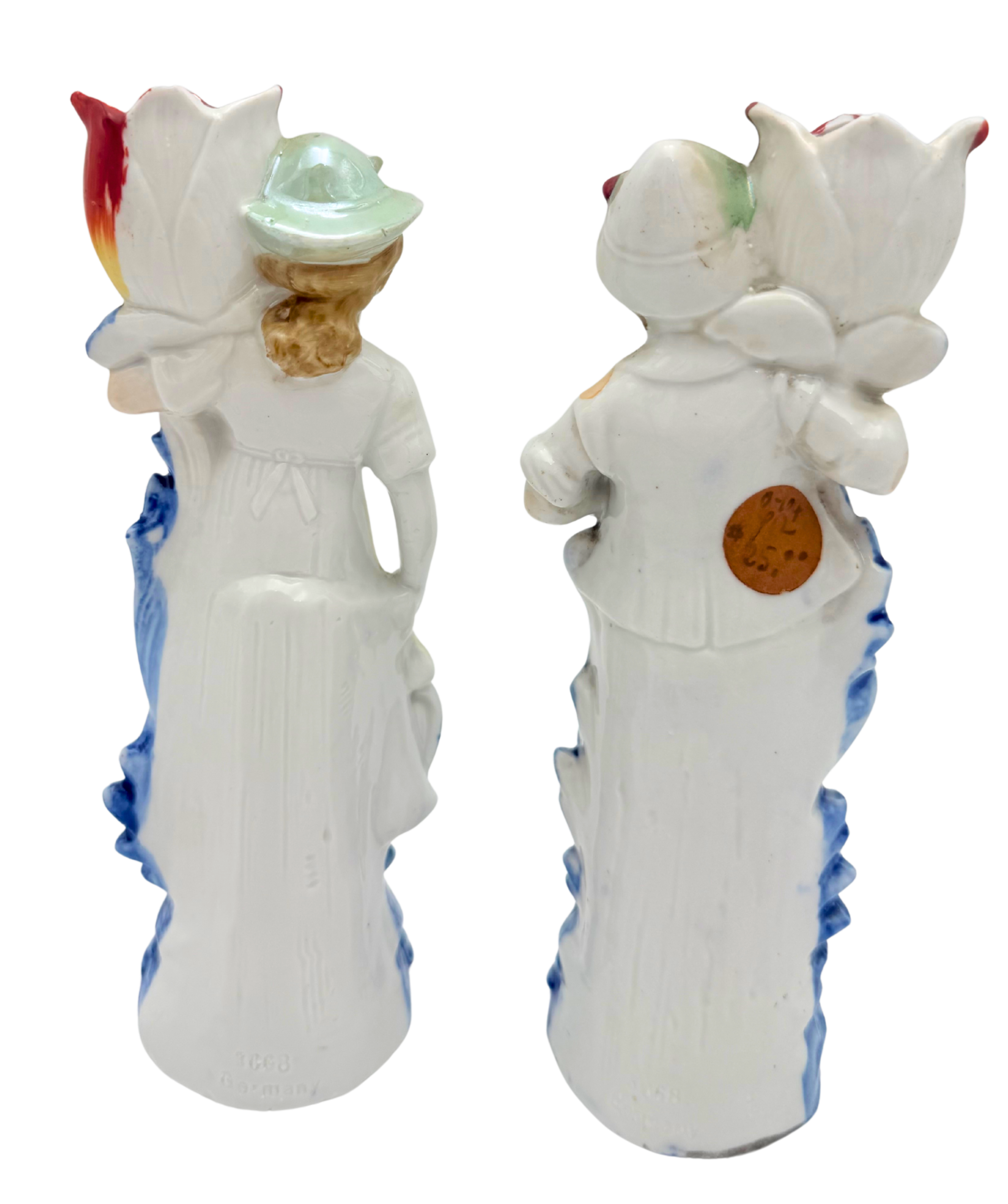 Antique German Porcelain Figural Tulip Vases Pair Boy & Girl 8078