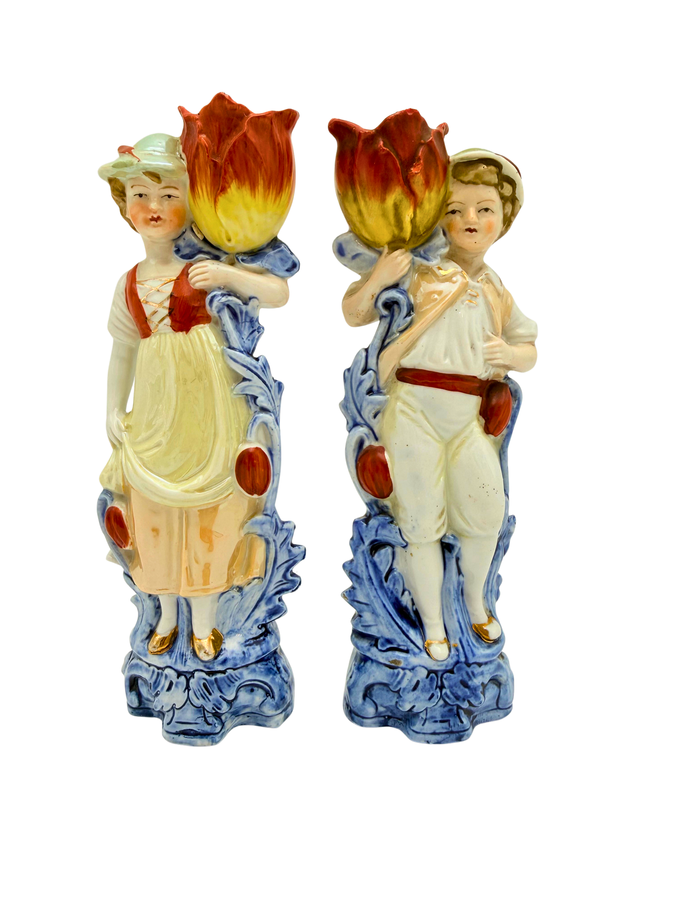 Antique German Porcelain Figural Tulip Vases Pair Boy & Girl 8078