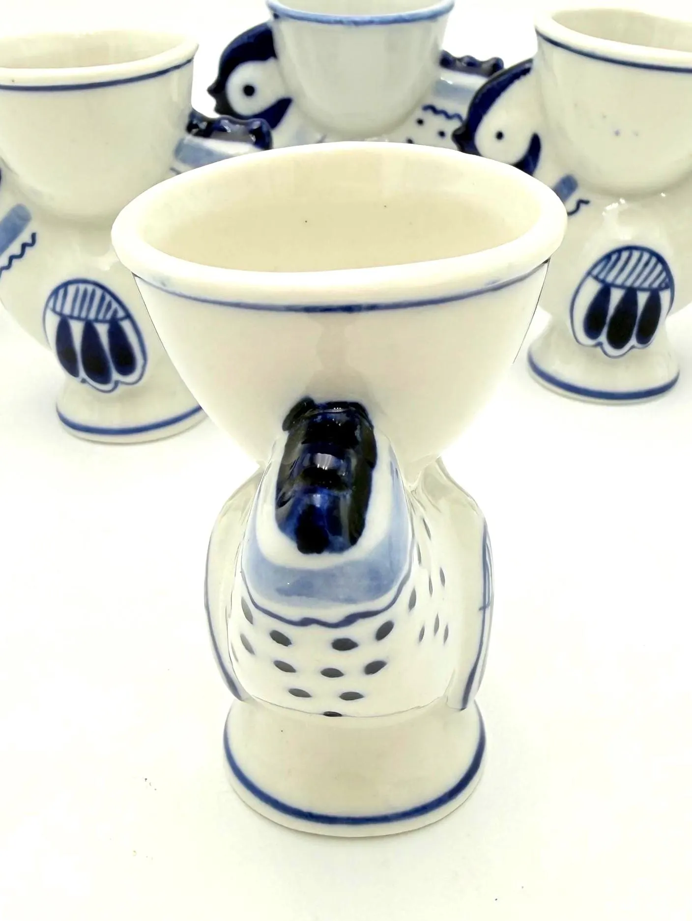 VINTAGE HAND PAINTED USSR FIGURAL ROOSTER EGG CUPS – SET OF 6 BLUE & WHITE CERAMIC FOLK ART