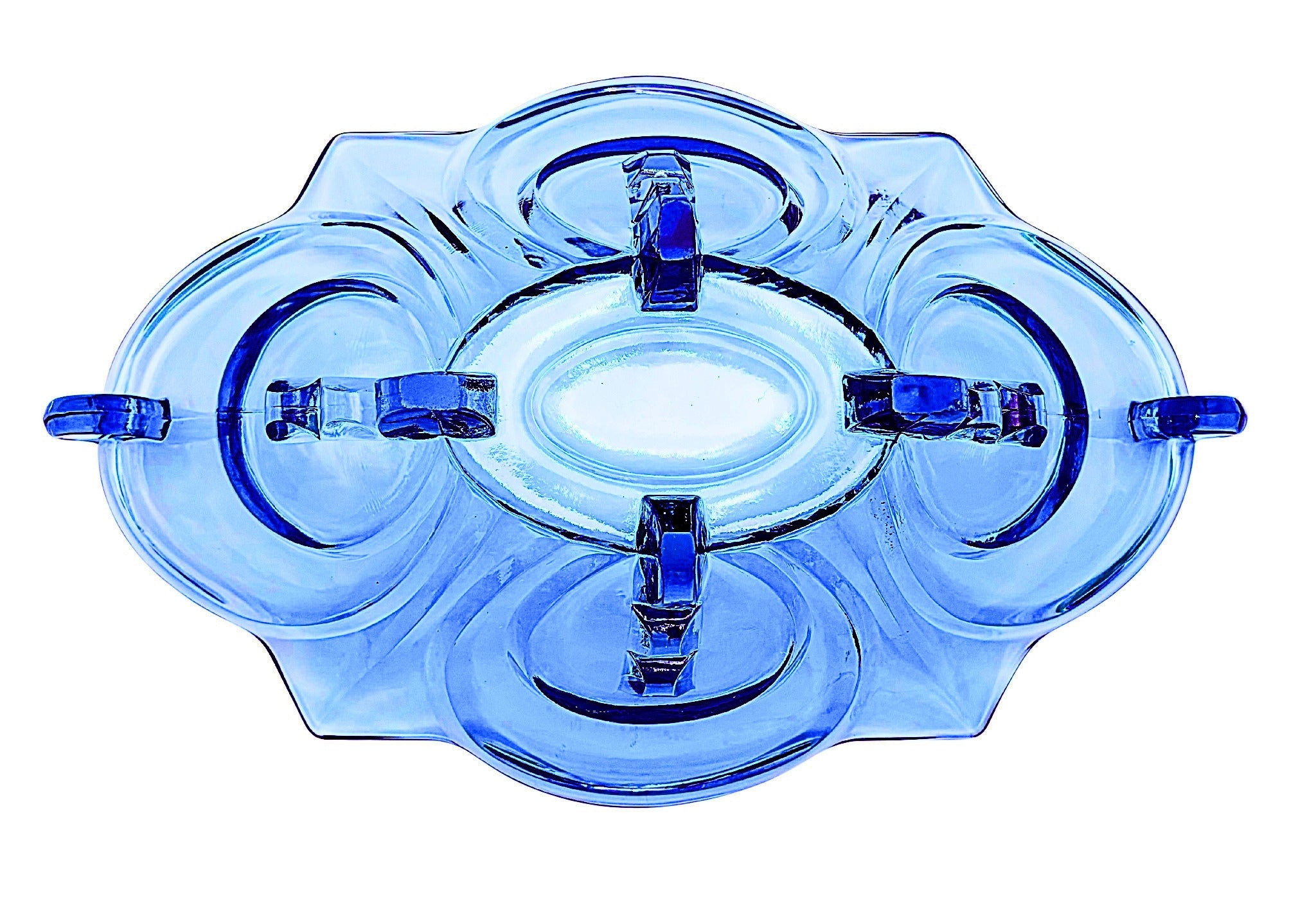 VINTAGE DRESDEN BLUE PRESSED GLASS BOWL ATTRIBUTED TO AUGUST WALTHER & SOHNE GERMAN ART DECO CENTERPIECE