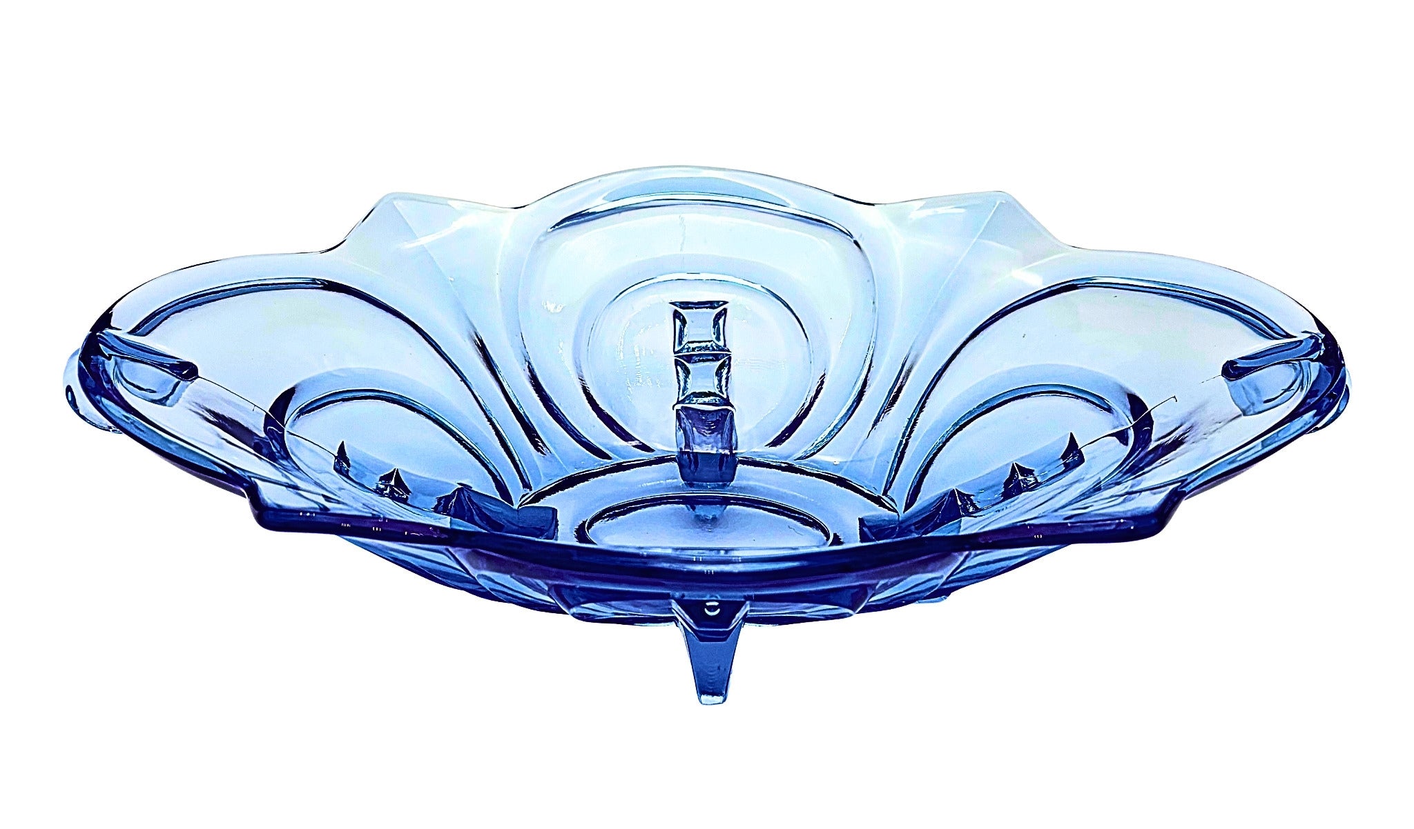 VINTAGE DRESDEN BLUE PRESSED GLASS BOWL ATTRIBUTED TO AUGUST WALTHER & SOHNE GERMAN ART DECO CENTERPIECE