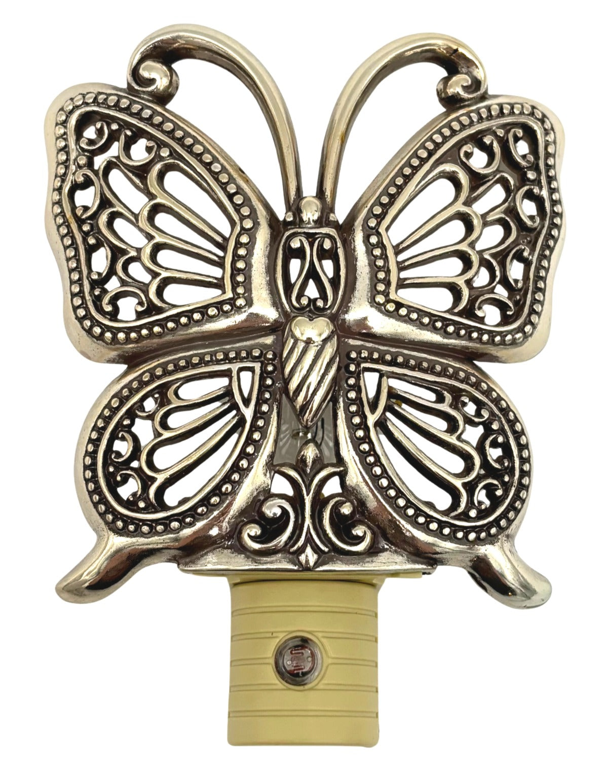 VINTAGE BRIGHTON BUTTERFLY NIGHT LIGHT – SILVER TONE PIERCED METAL PLUG-IN ACCENT LAMP