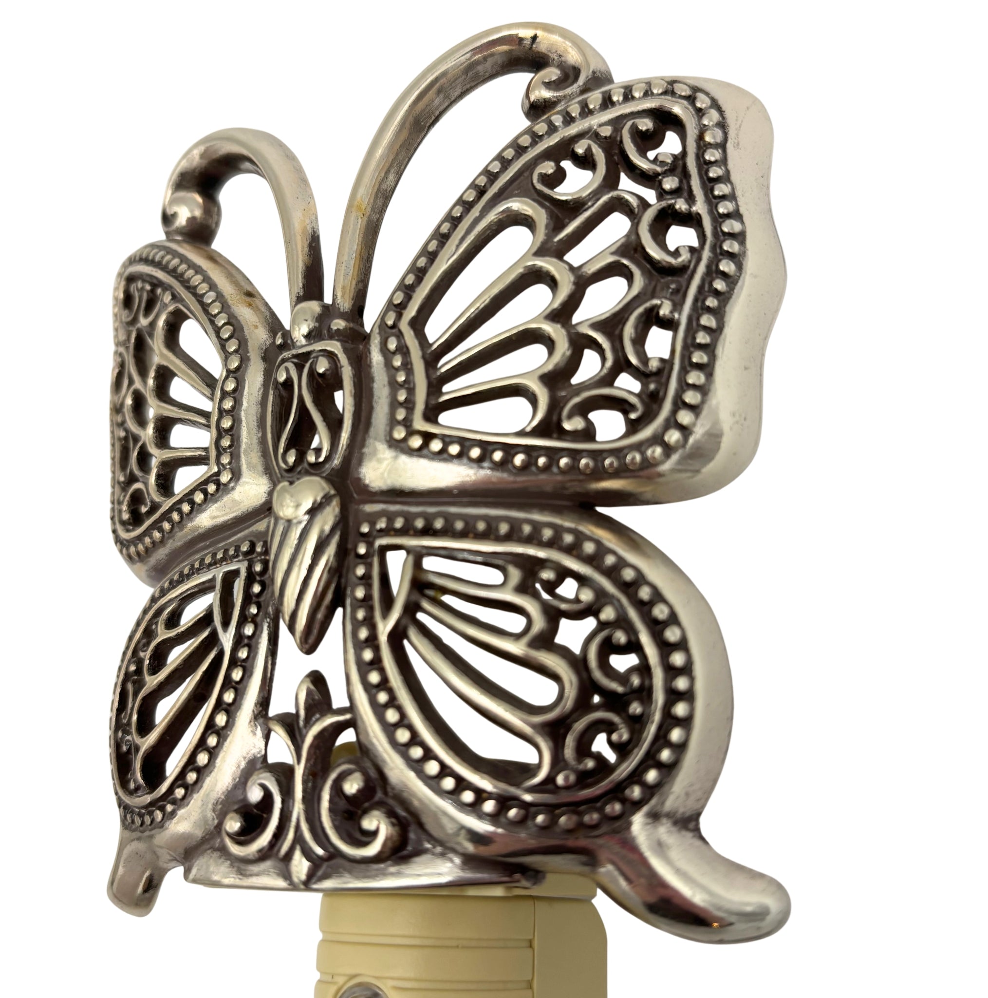 VINTAGE BRIGHTON BUTTERFLY NIGHT LIGHT – SILVER TONE PIERCED METAL PLUG-IN ACCENT LAMP