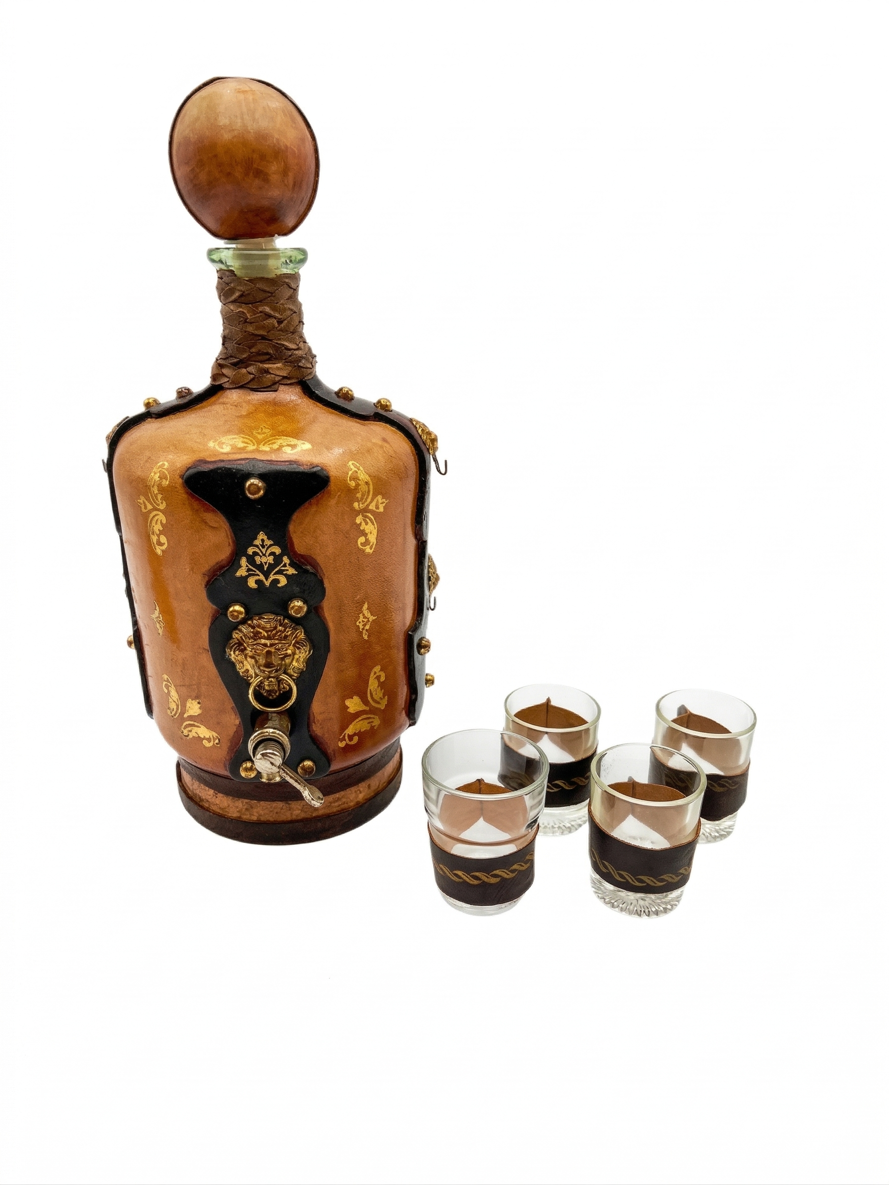 VINTAGE ITALIAN LEATHER-WRAPPED DECANTER SET WITH LION SPIGOT