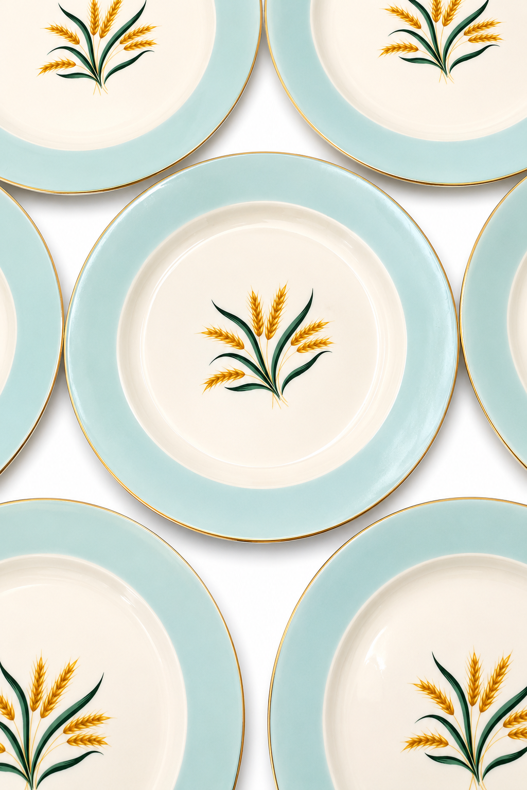 VINTAGE INTERNATIONAL D.S. CO. VIKING AQUA WHEAT DINNER PLATES — SET OF 6 + BONUS CHIPPED PLATE