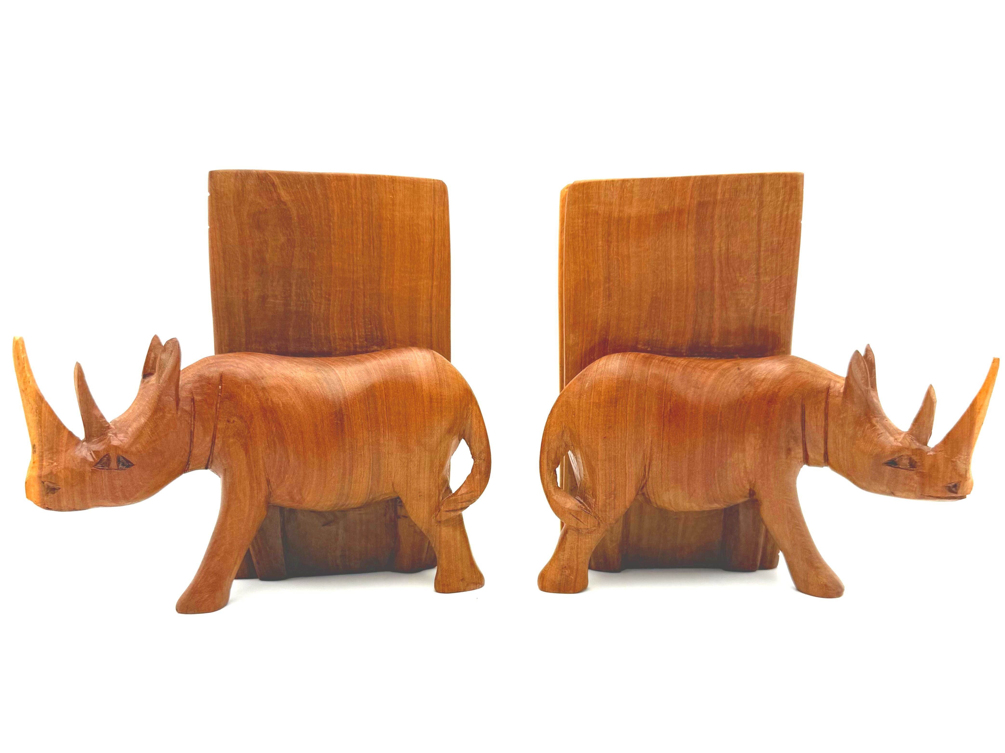 VINTAGE HAND CARVED WOOD RHINO BOOKENDS