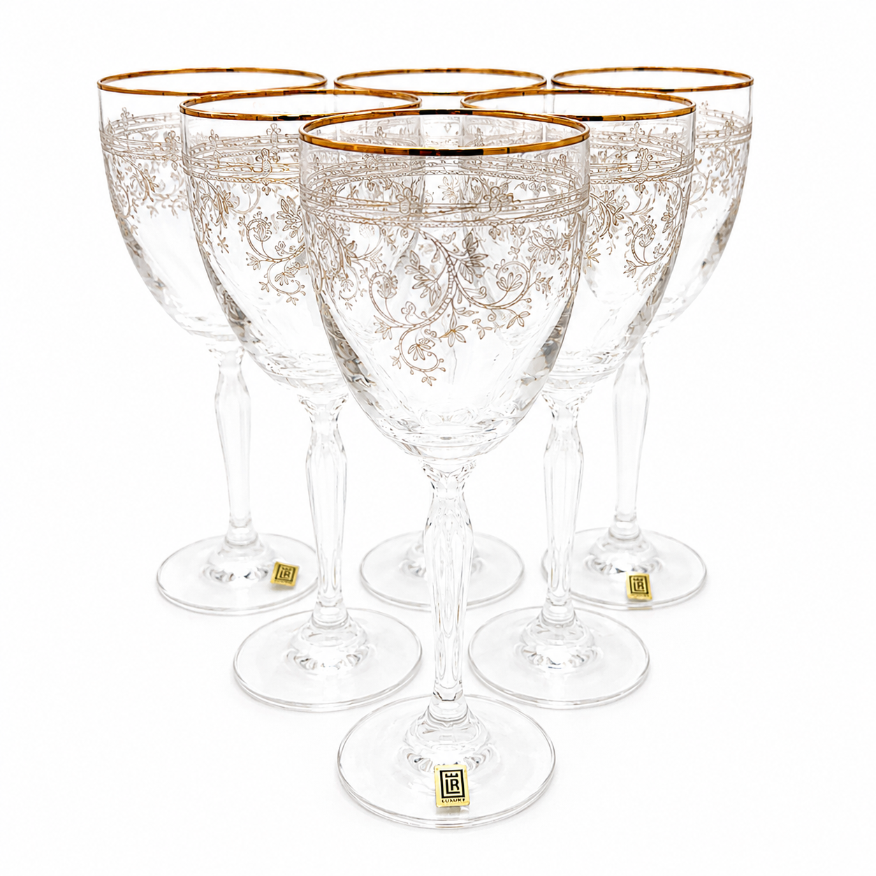 VINTAGE LR SLOVAKIA CRYSTAL WINE GLASSES – SET OF 6 GOLD RIM ETCHED FLORAL GOBLETS