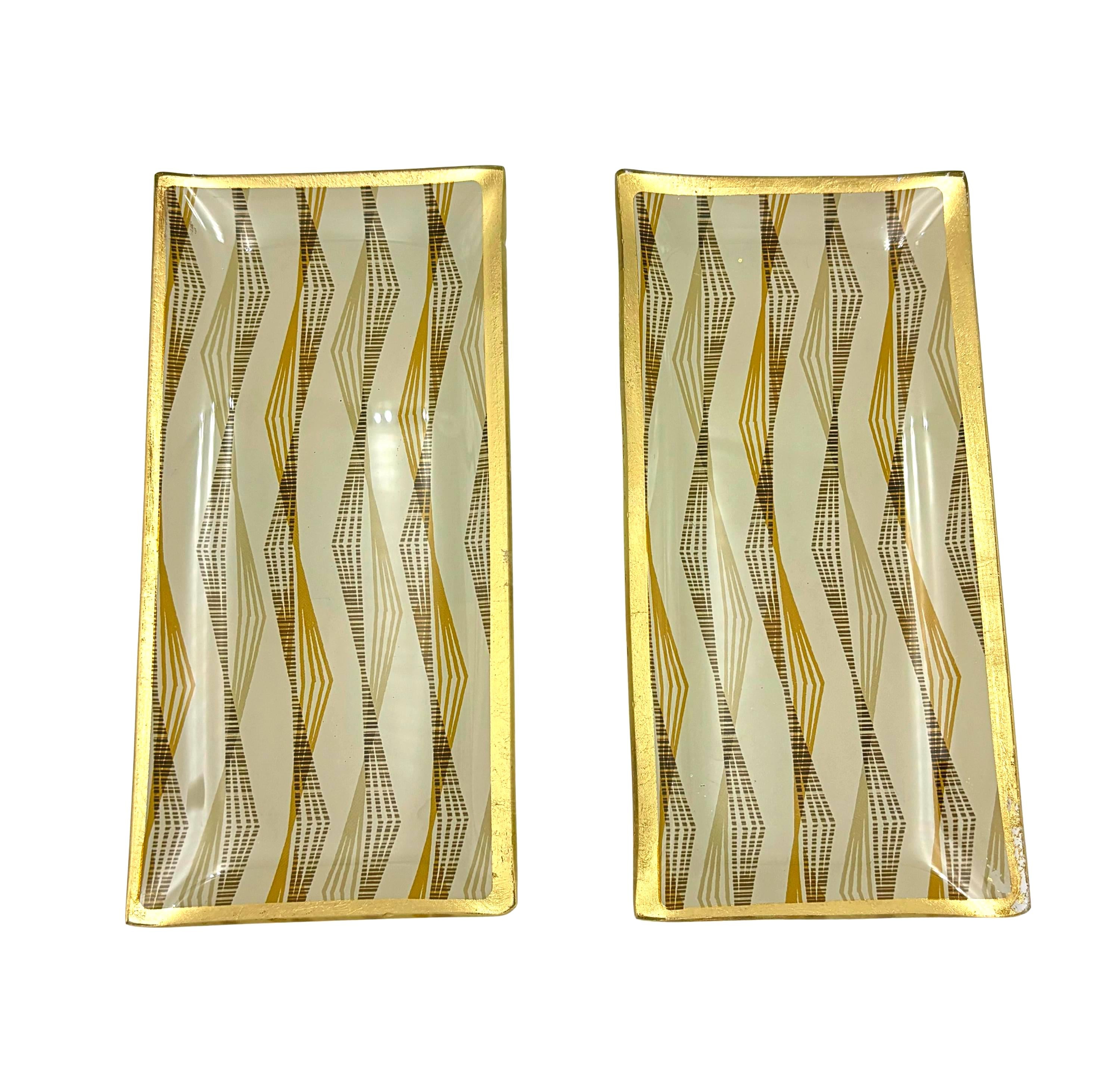 VINTAGE MID CENTURY GOLD GEOMETRIC GLASS TRAYS – SET OF 2