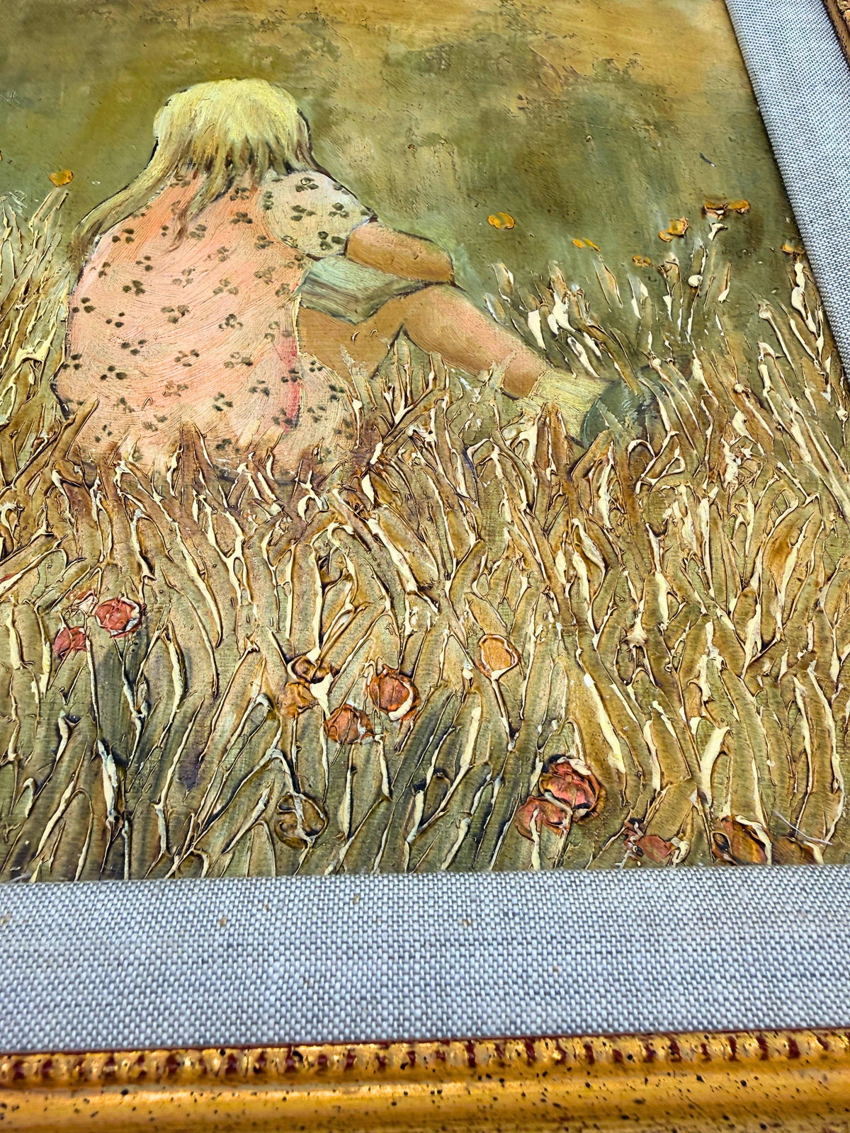 Genevieve Reckling Original Painting Children in Meadow | Meredith Long Gallery Provenance | Vintage Impasto Art