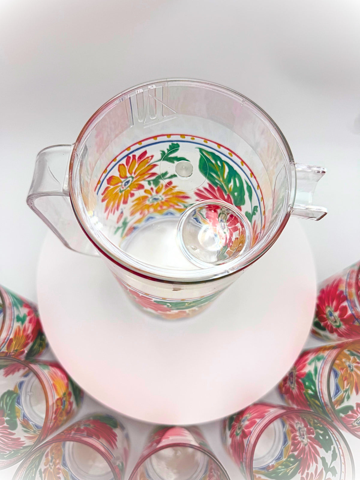 Vintage 1990s Floral Ladybug Acrylic Pitcher & 7 Tumblers 8 Piece Set