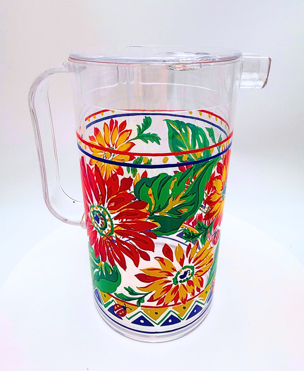 Vintage 1990s Floral Ladybug Acrylic Pitcher & 7 Tumblers 8 Piece Set