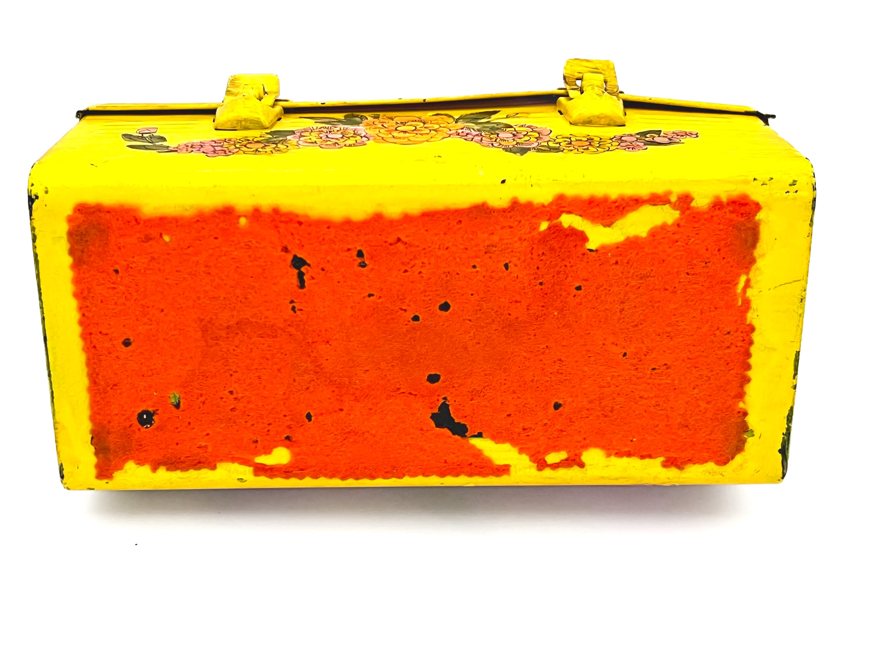 Unique 1960s folk art lunch box converted into a purse with colorful decoupage floral patterns.