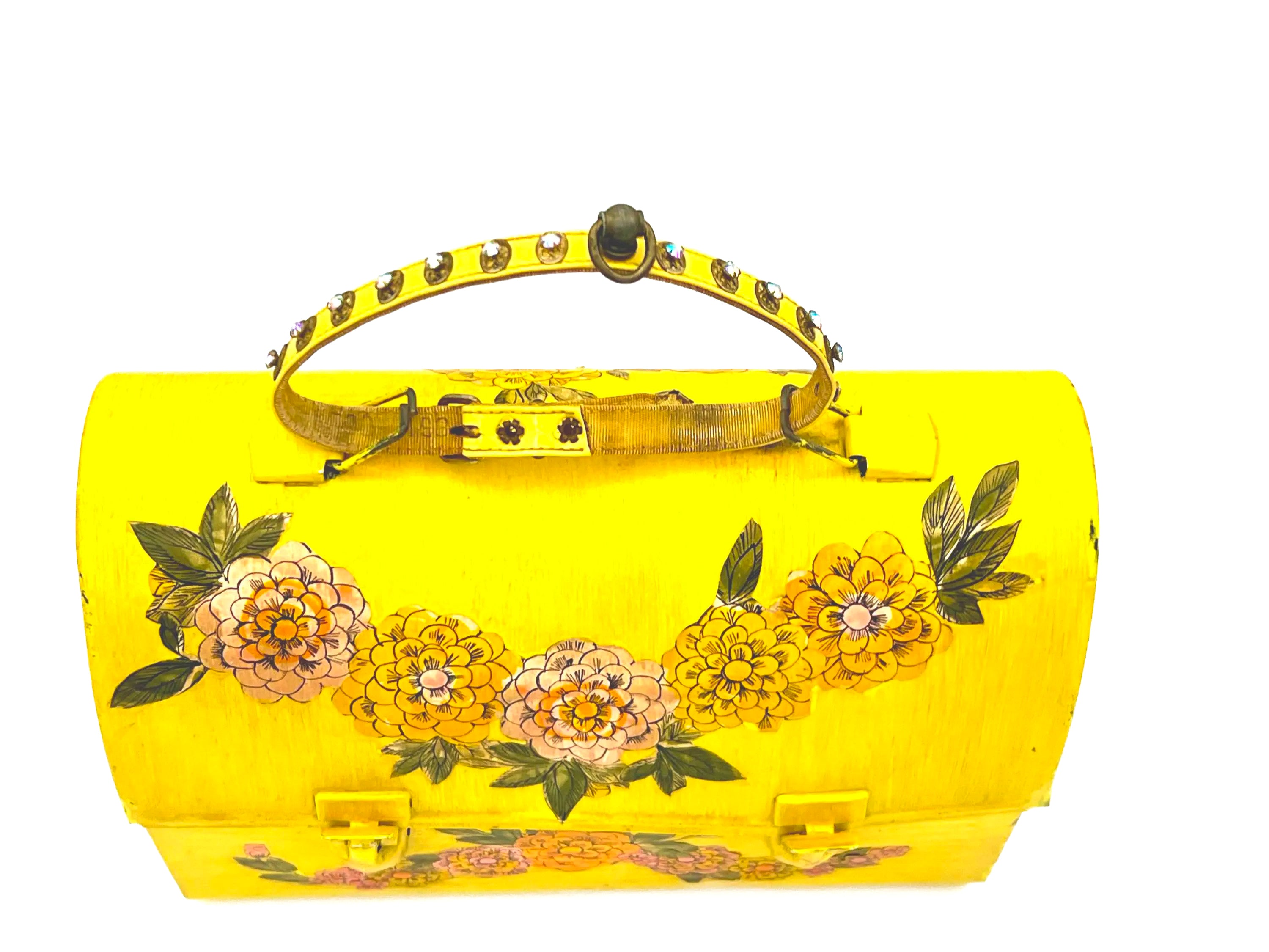 Unique 1960s folk art lunch box converted into a purse with colorful decoupage floral patterns.