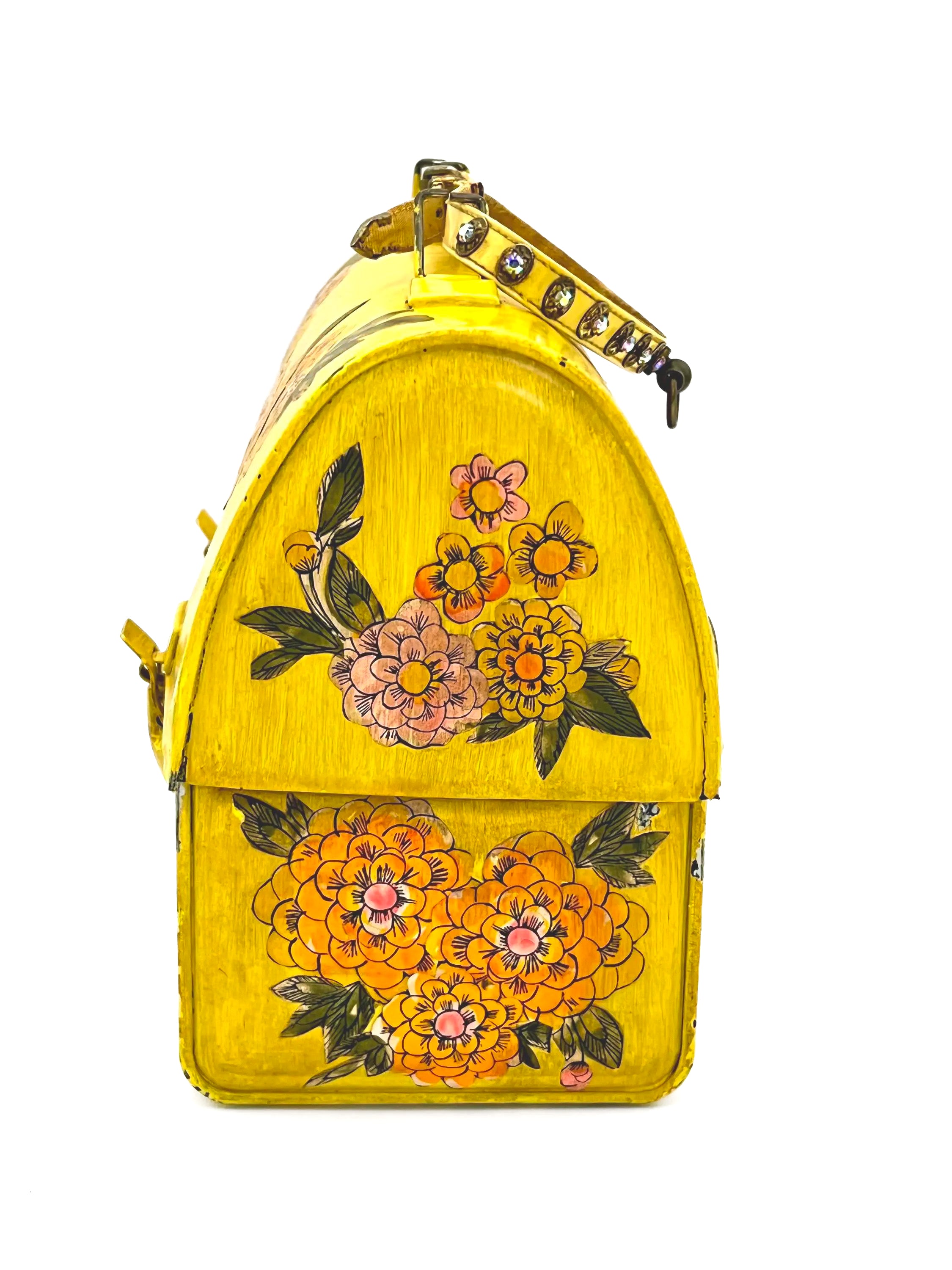 Unique 1960s folk art lunch box converted into a purse with colorful decoupage floral patterns.
