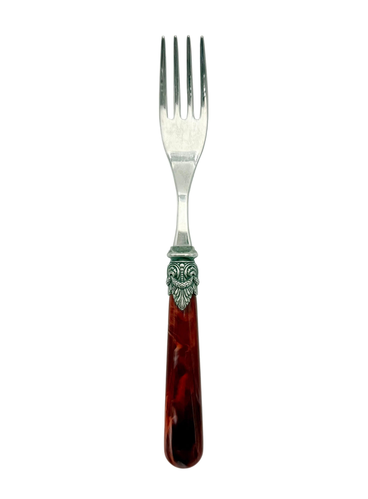 Vintage EME Zinox Dinner Fork Burgundy Lucite Handle, Ornate Silver Detail