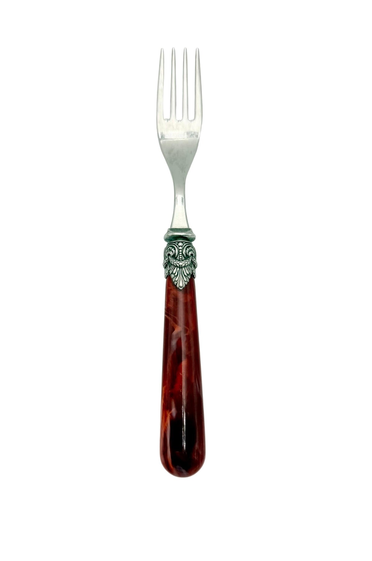 Vintage EME Zinox Dinner Fork Burgundy Lucite Handle, Ornate Silver Detail