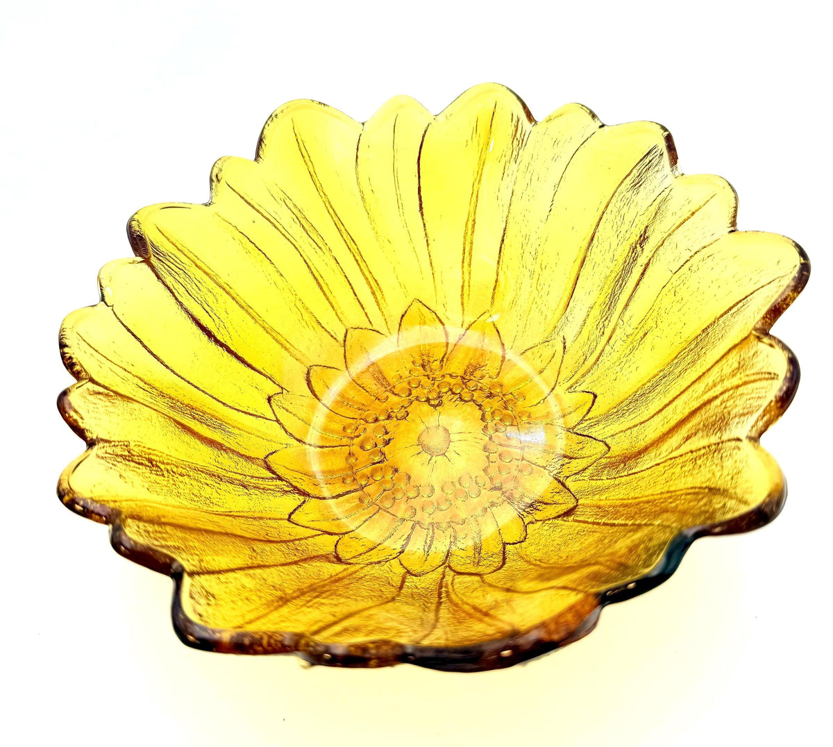 Vintage Amber Sunflower Glass Bowl | Mid Century Catchall Dish