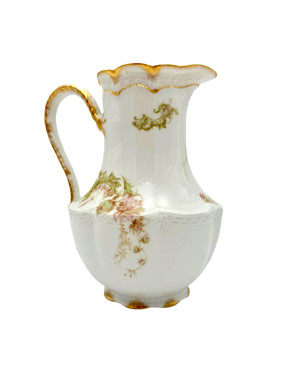 Vintage Floral Porcelain Pitcher, Gold Trimmed Creamer, Antique Milk Jug