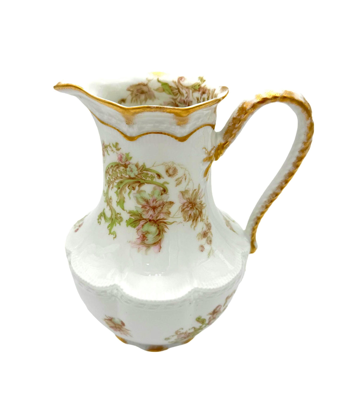 Vintage Floral Porcelain Pitcher, Gold Trimmed Creamer, Antique Milk Jug