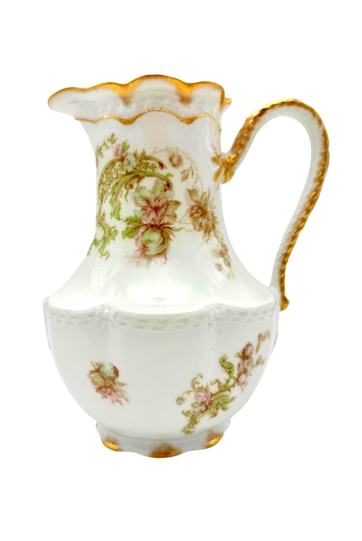 Vintage Floral Porcelain Pitcher, Gold Trimmed Creamer, Antique Milk Jug