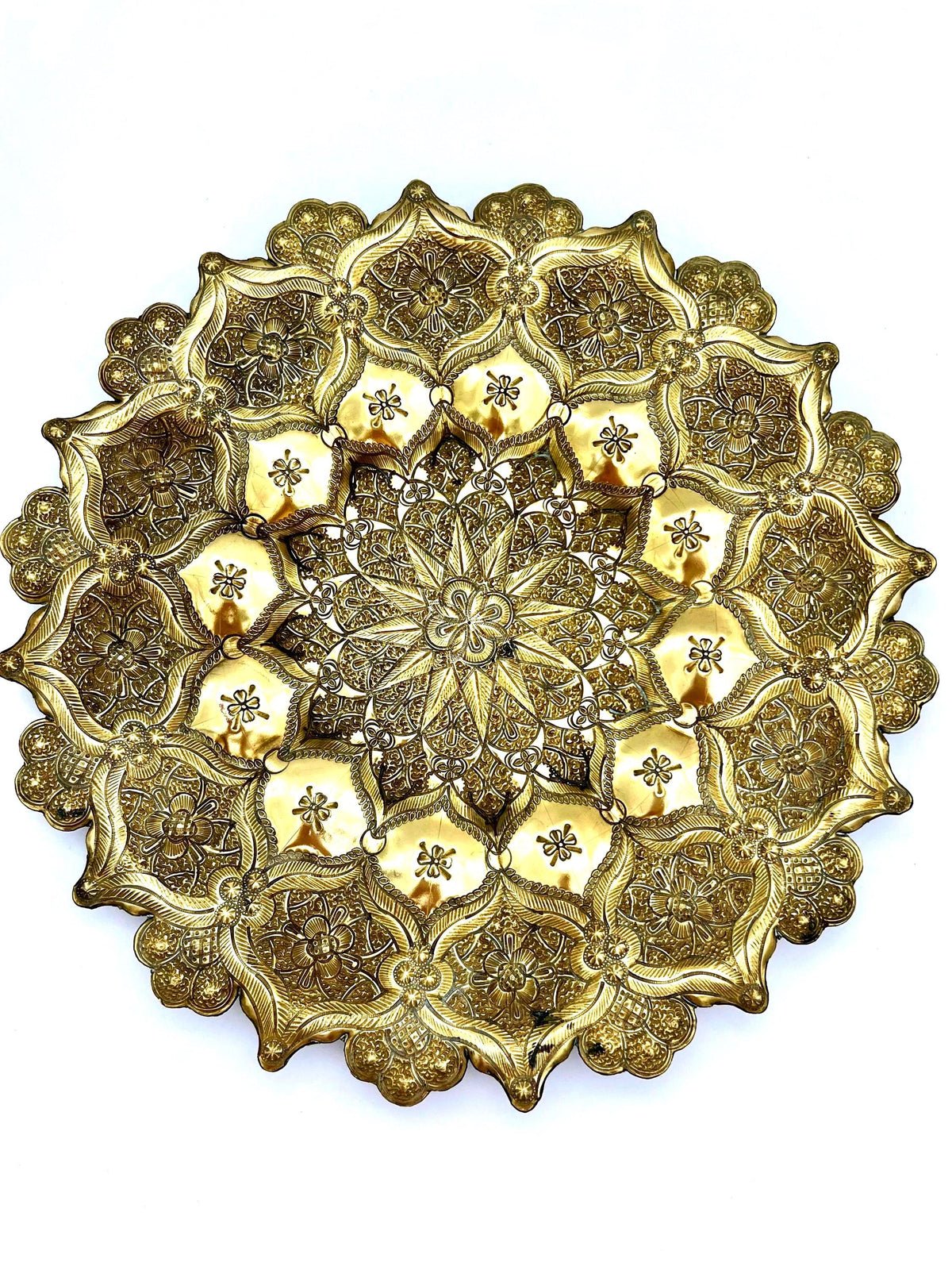 antique hand-tooled solid brass wall plate 13.5 diameter floral mandala design indian/export metalware
