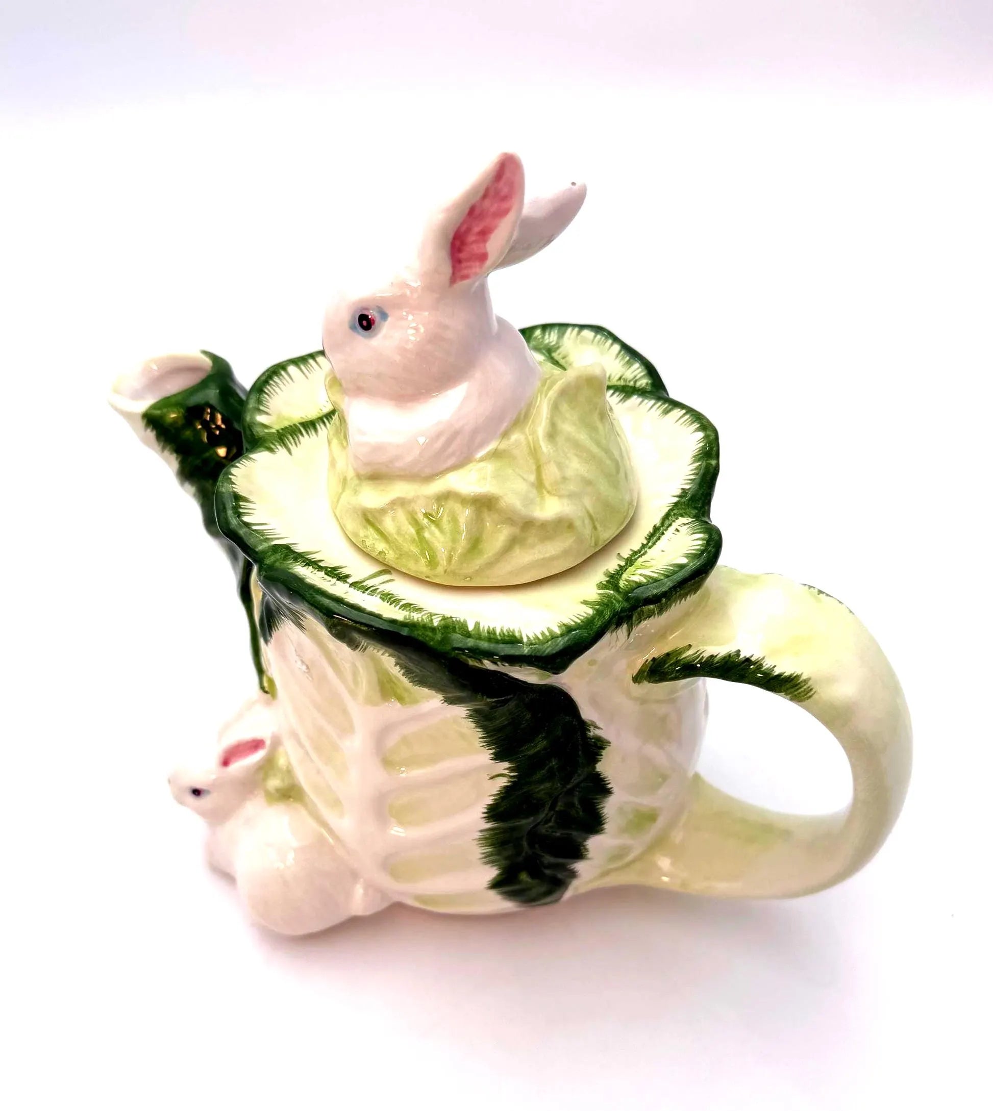 VINTAGE MAJOLICA RABBIT CABBAGEWARE TEAPOT HAND PAINTED GREEN LEAF CERAMIC SPRING EASTER DECOR