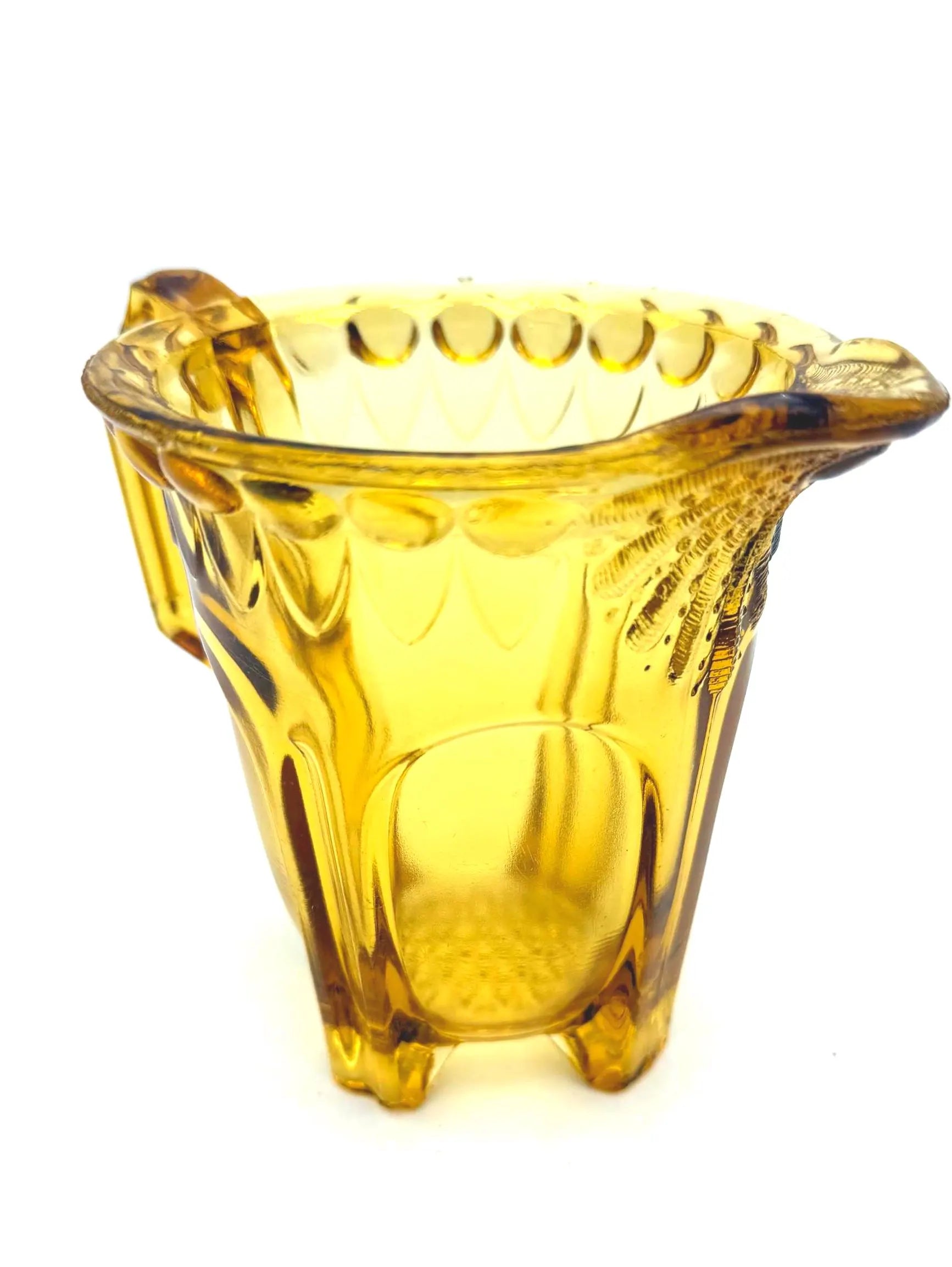 VINTAGE AMBER DEPRESSION GLASS FOOTED CREAMER PITCHER WITH SCALLOPED RIM – ART DECO ERA