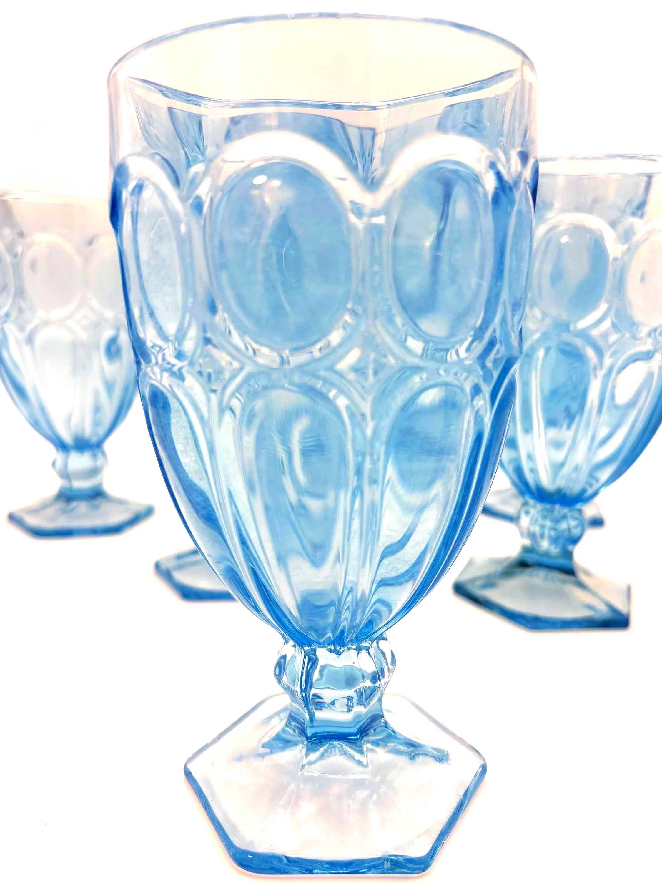 BLUE PRESSED GLASS GOBLETS SET OF 8 CIRCA 1970S RIVIERA STYLE PEDESTAL STEMWARE