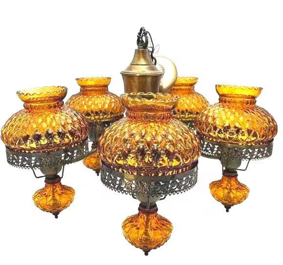 VINTAGE SPANISH REVIVAL AMBER GLASS 5 LIGHT CHANDELIER HOLLYWOOD REGENCY MEDITERRANEAN BRASS CEILING FIXTURE WITH FREE SHIPPING