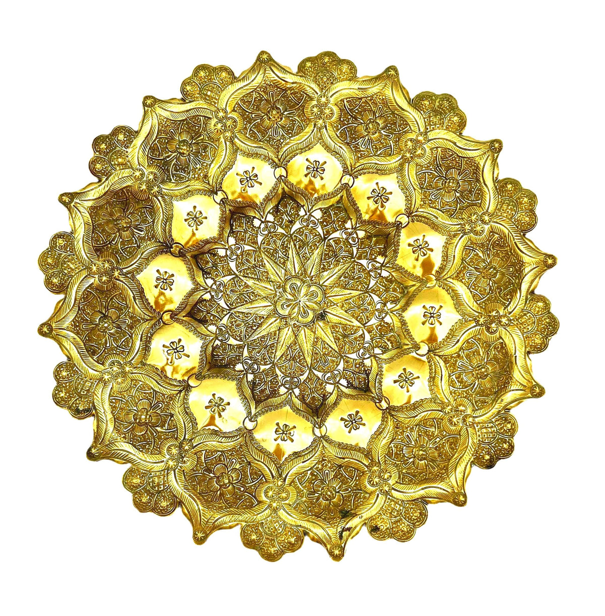 antique hand-tooled solid brass wall plate 13.5 diameter floral mandala design indian/export metalware