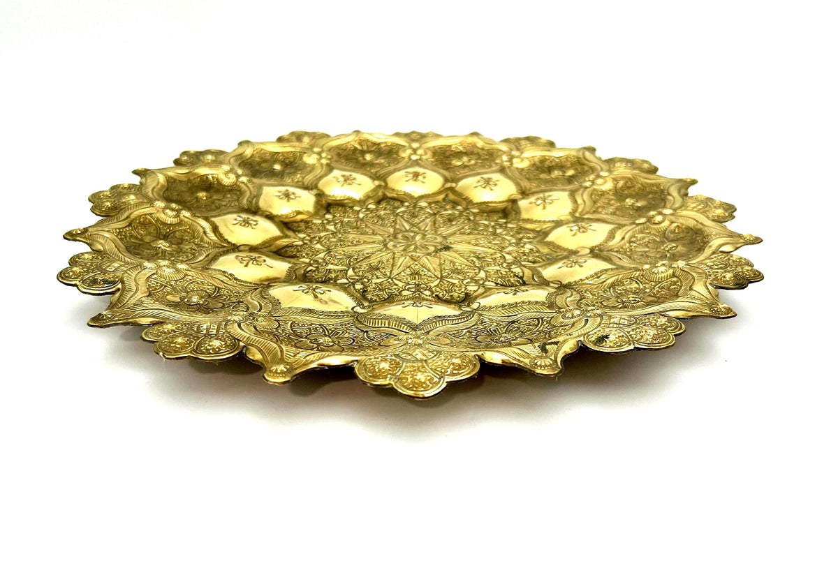 antique hand-tooled solid brass wall plate 13.5 diameter floral mandala design indian/export metalware
