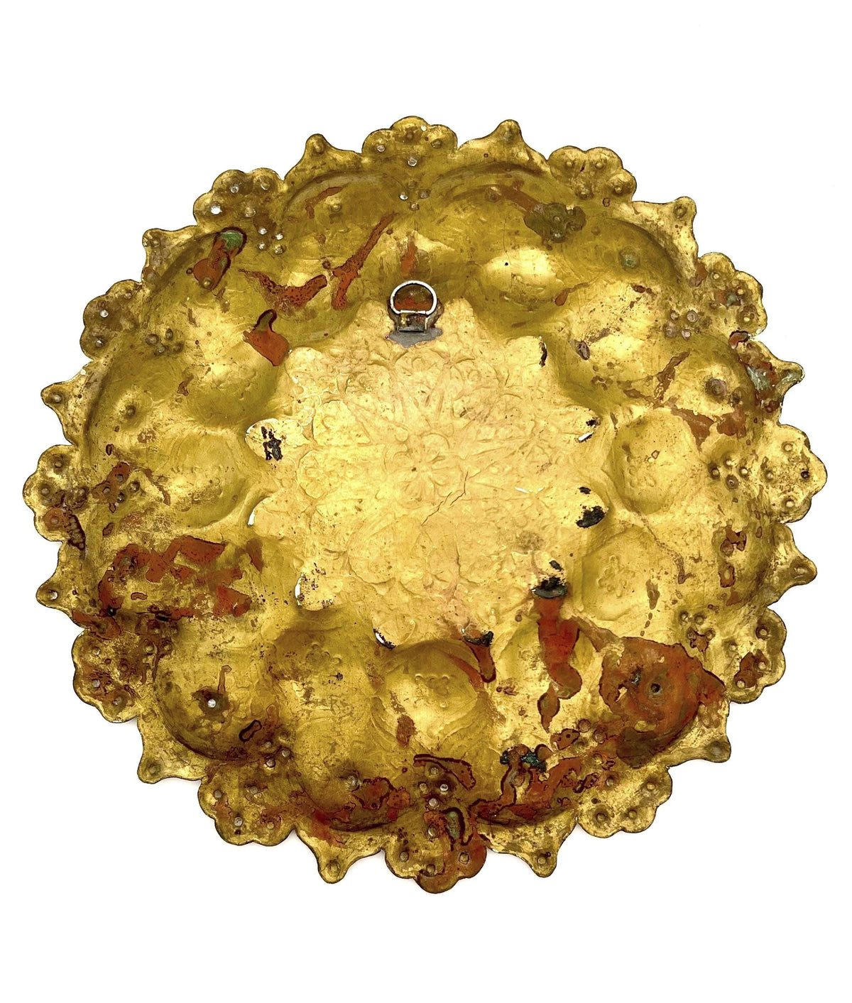 antique hand-tooled solid brass wall plate 13.5 diameter floral mandala design indian/export metalware