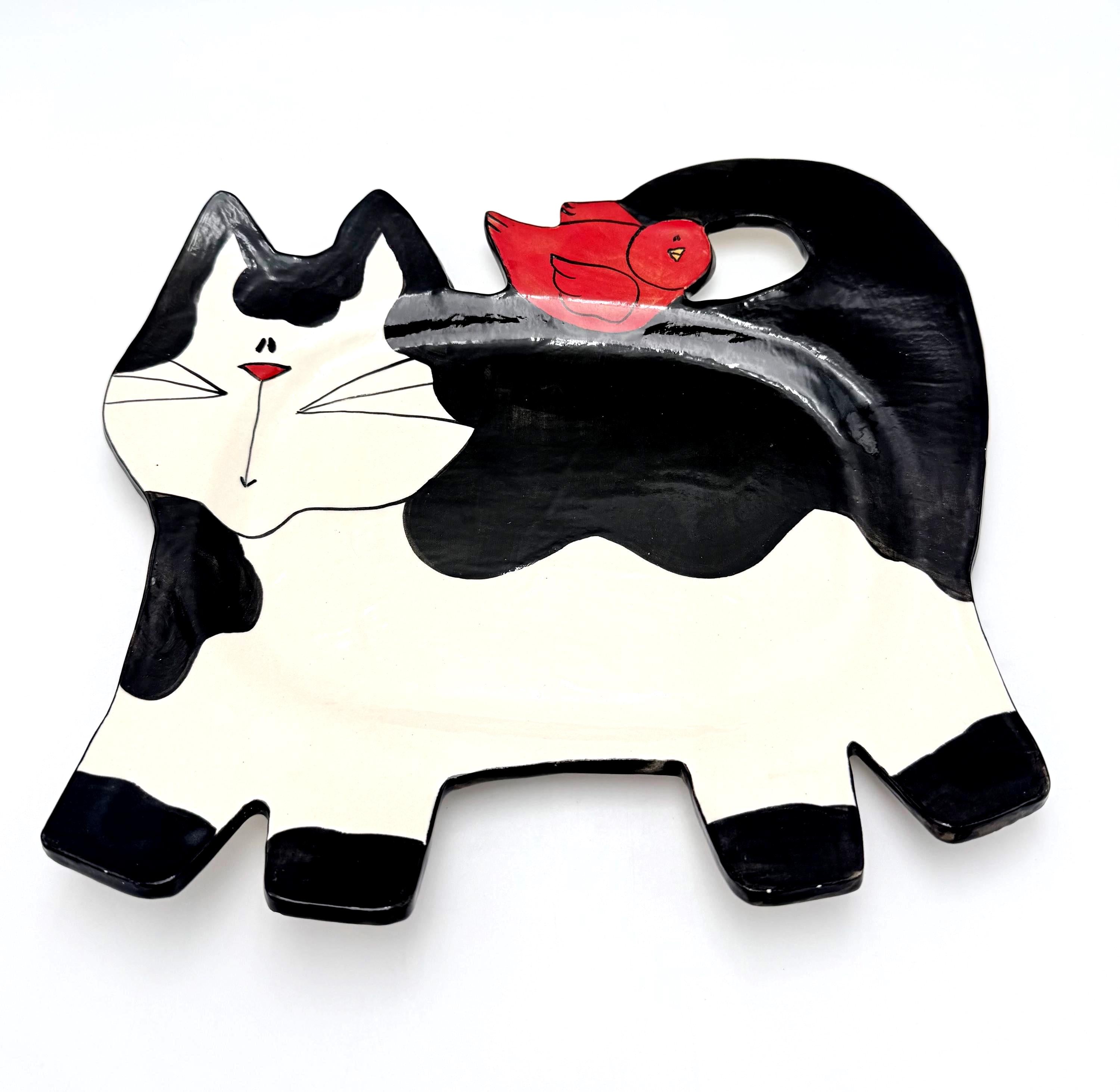 VINTAGE SIGNED FOLK ART CAT PLATTER AND BOWL SET LUCI ELLYN HAND PAINTED STUDIO POTTERY WHIMSICAL CERAMIC SERVING DISH
